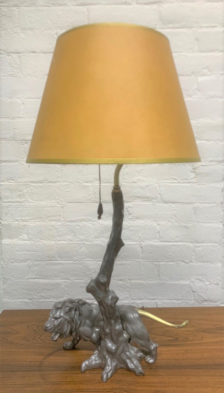 1940s Pewter and Bronze Lion Lamp For Sale