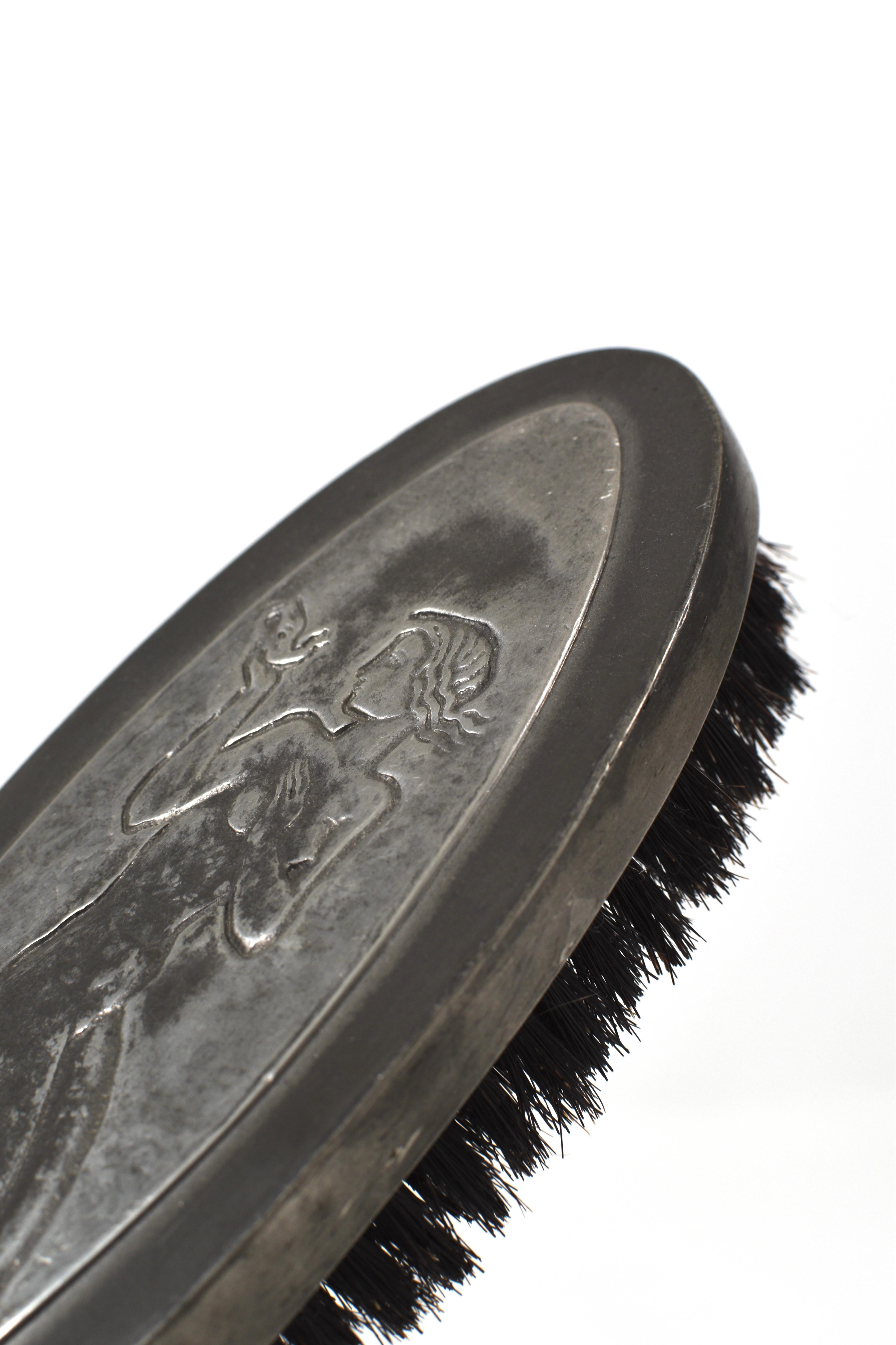 Swedish 1940s Pewter Clothes Brush with Female Relief – Art Deco Style Garment Brush For Sale