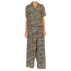 1940S Pink & Green Geometric Rayon Short Sleeve Top Pants Pajamas
