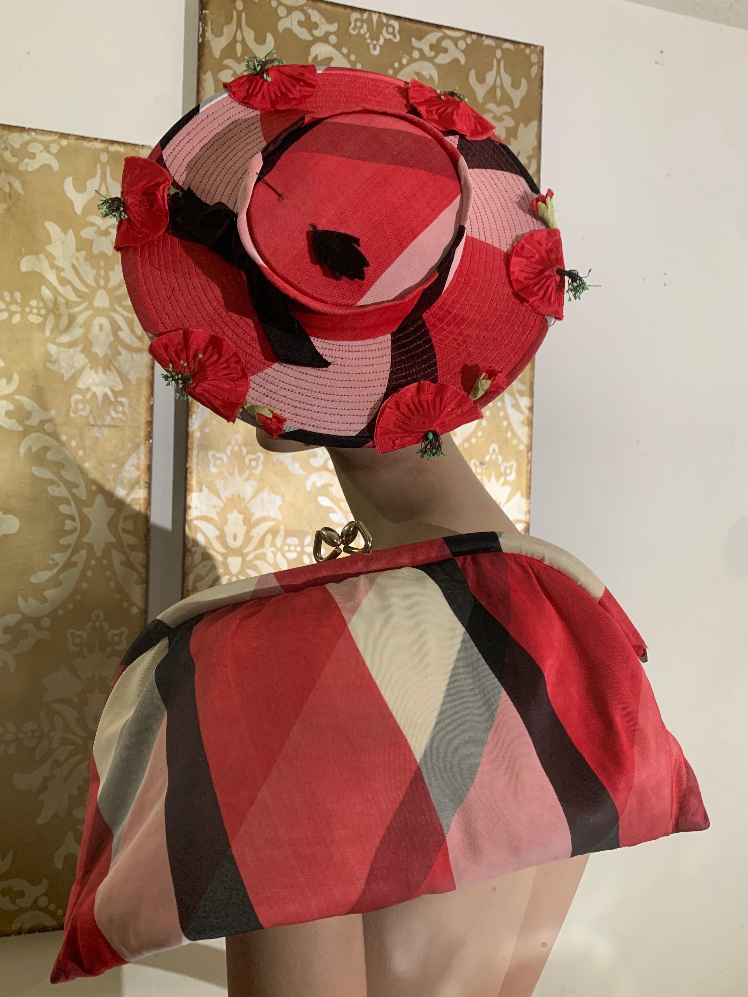 1940s Pink Red and Black Shadow Plaid Nylon Jersey Tilt Hat and Clutch Handbag Ensemble:  A extra-large 17