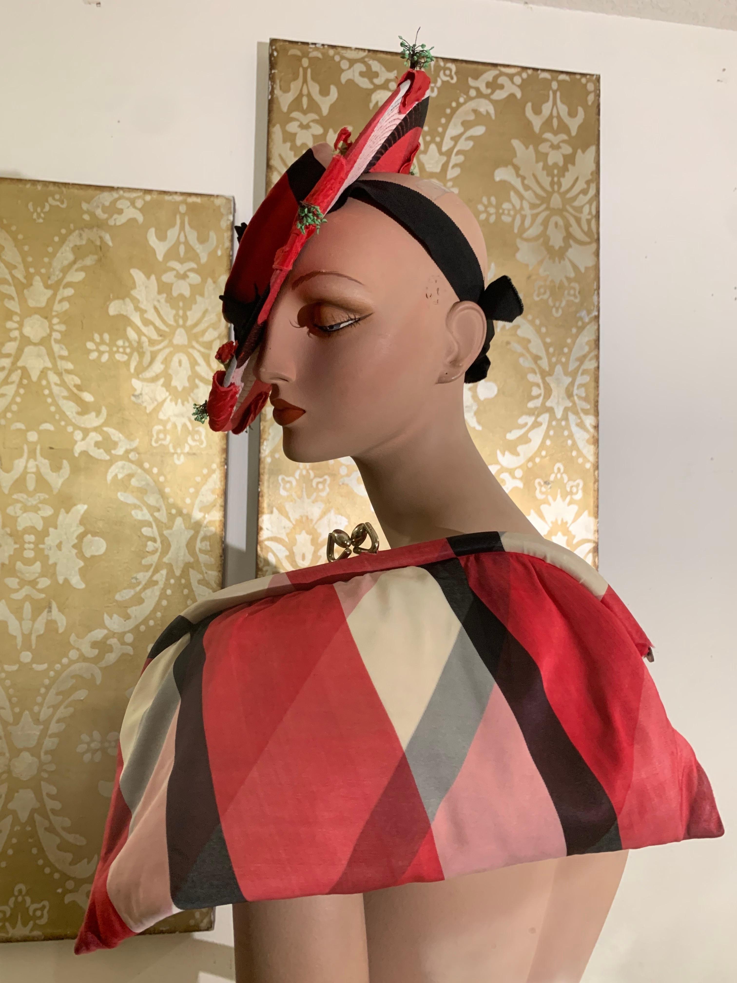Women's 1940s Pink Red and Black Shadow Plaid Tilt Hat and Clutch Handbag Ensemble For Sale