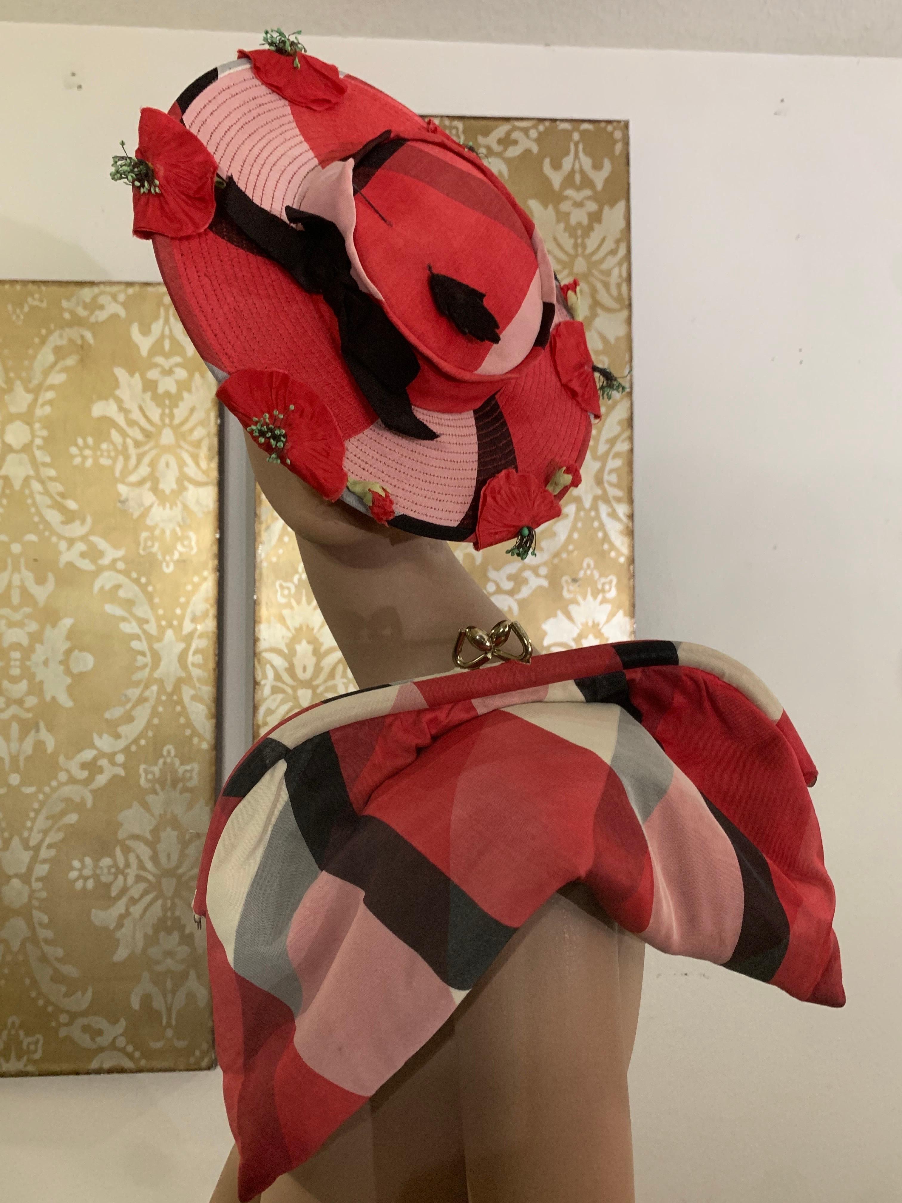 1940s Pink Red and Black Shadow Plaid Tilt Hat and Clutch Handbag Ensemble For Sale 1