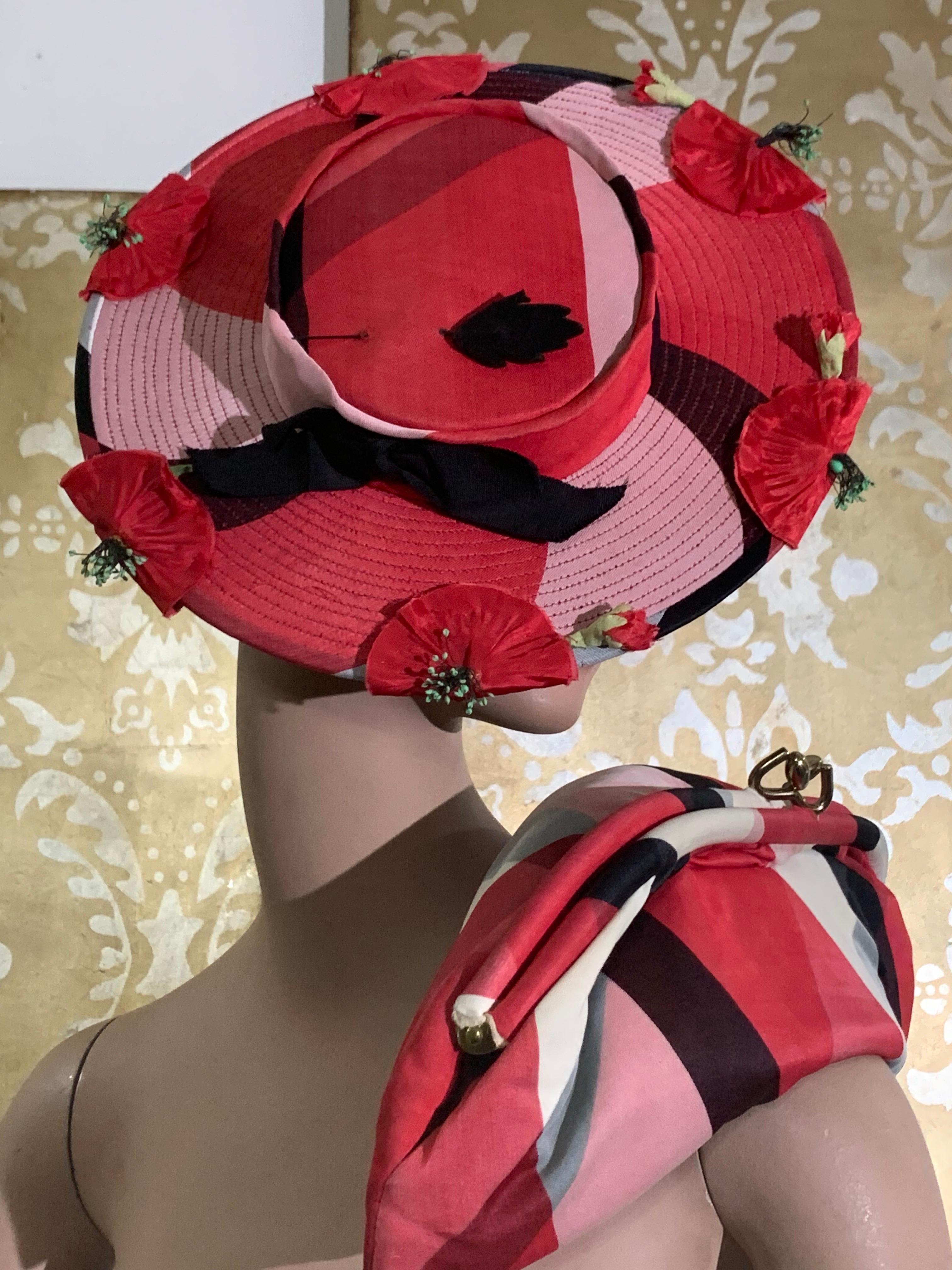 1940s Pink Red and Black Shadow Plaid Tilt Hat and Clutch Handbag Ensemble For Sale 2