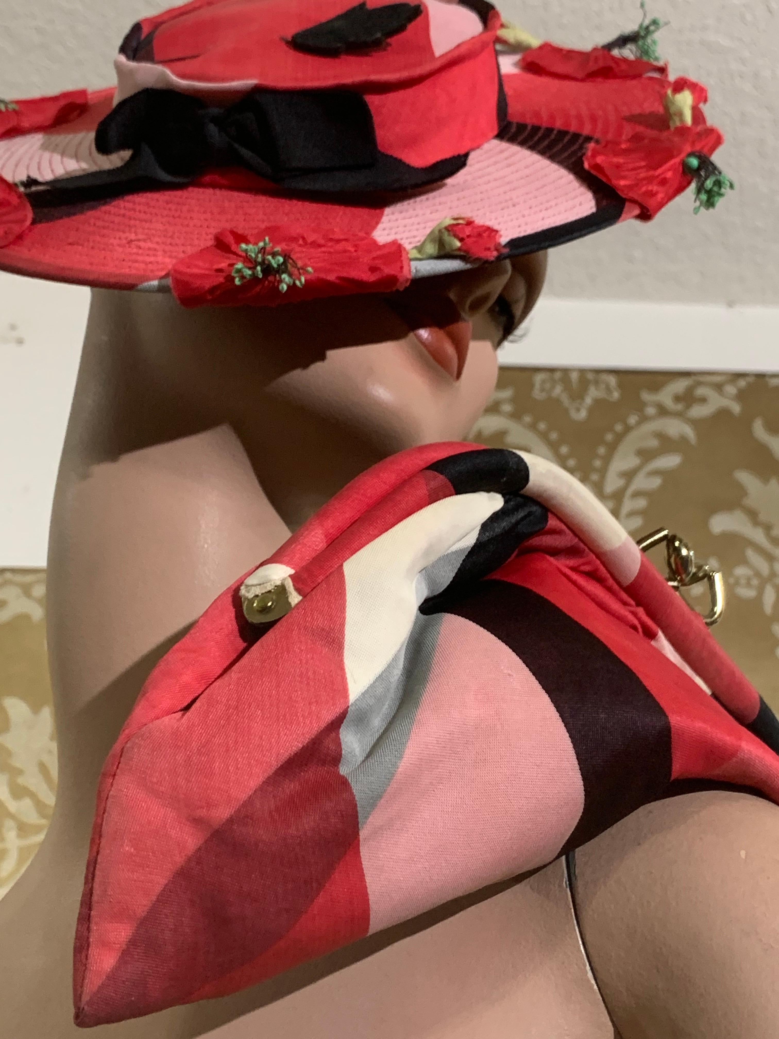 1940s Pink Red and Black Shadow Plaid Tilt Hat and Clutch Handbag Ensemble For Sale 3