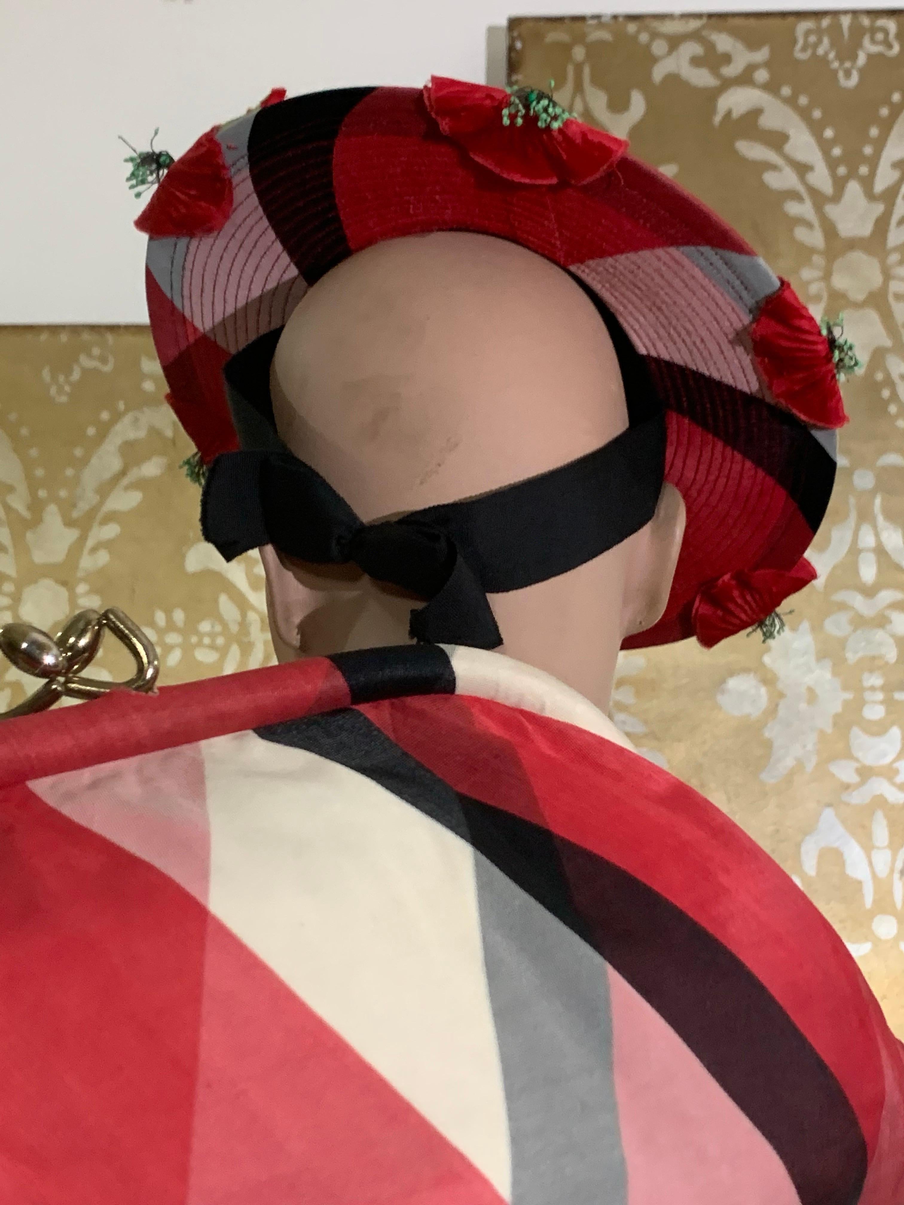 1940s Pink Red and Black Shadow Plaid Tilt Hat and Clutch Handbag Ensemble For Sale 5