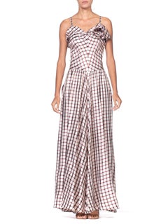 1940'S Burgundy & Black Acetate Plaid Full Ballroom Skirt Gown With Victorian R