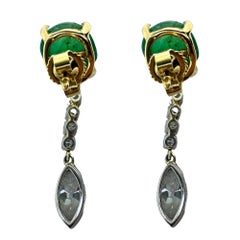 1940's Platinum and 18k Diamond and Cabochon Emerald Earrings