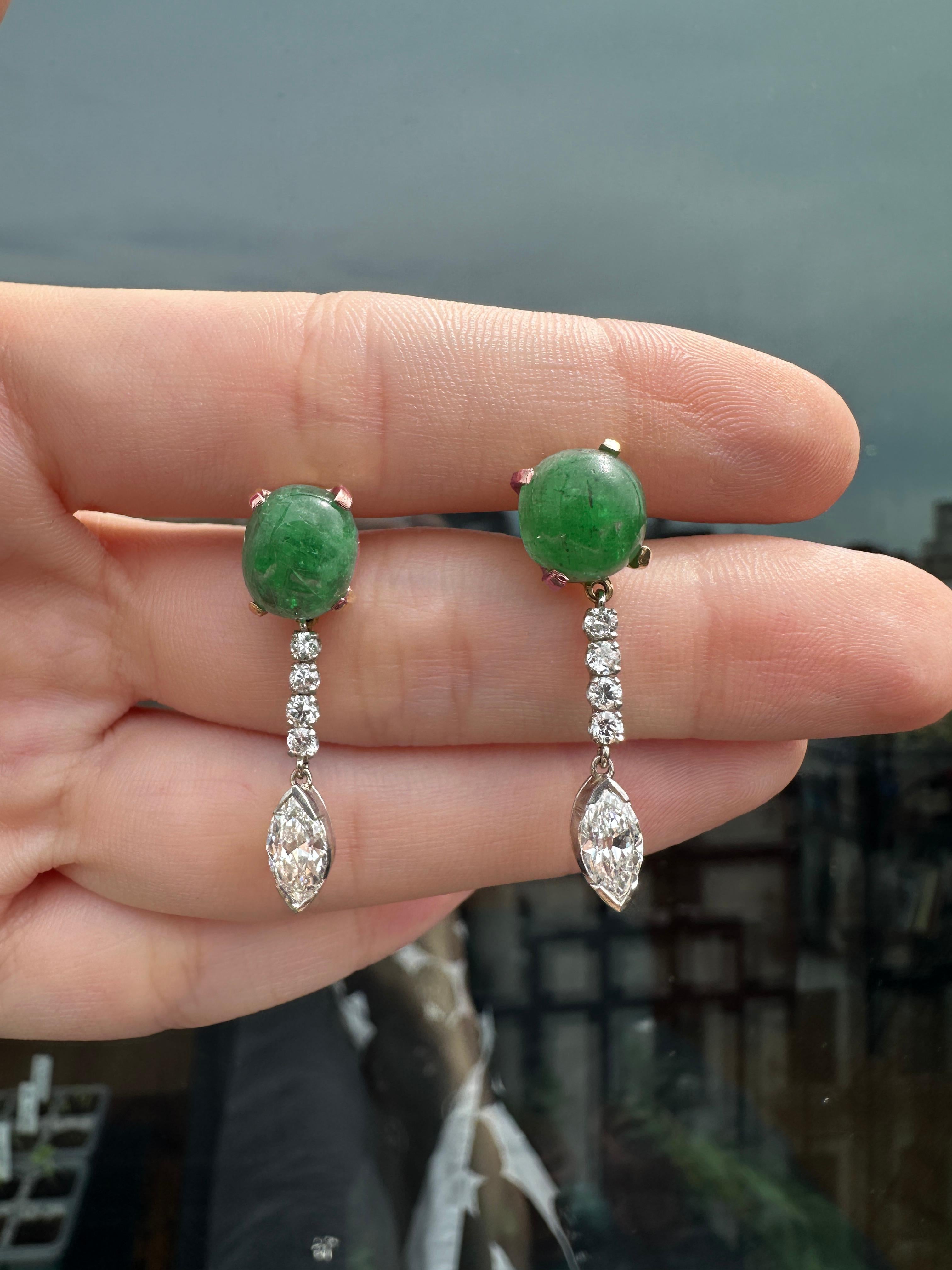 Marquise Cut 1940's Platinum and 18k Diamond and Cabochon Emerald Earrings For Sale