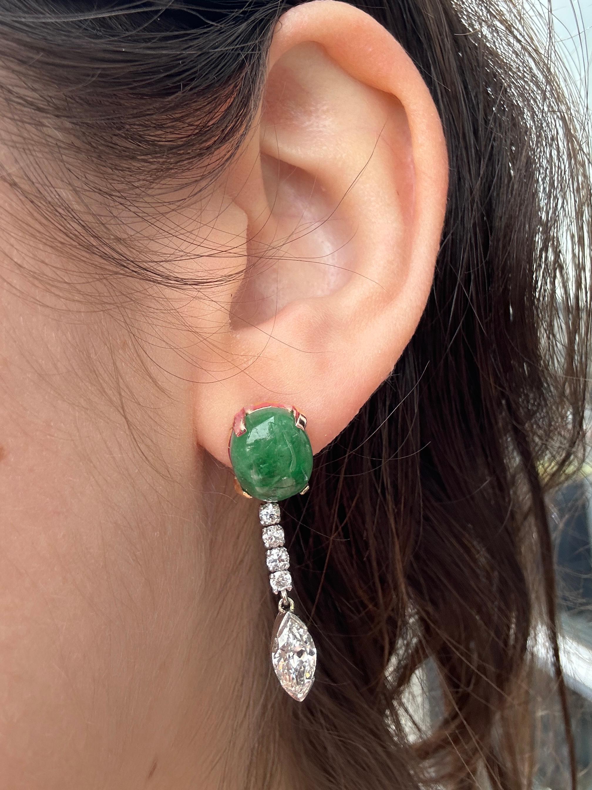 1940's Platinum and 18k Diamond and Cabochon Emerald Earrings In Good Condition For Sale In New York, NY