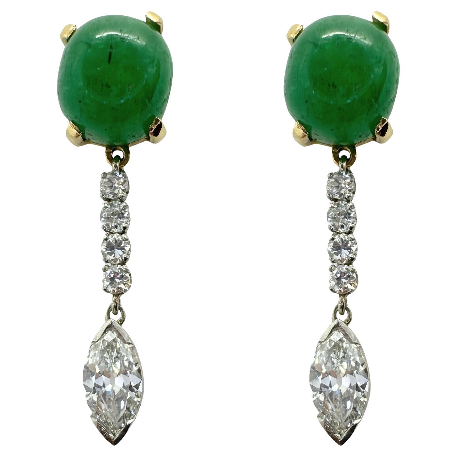 1940's Platinum and 18k Diamond and Cabochon Emerald Earrings