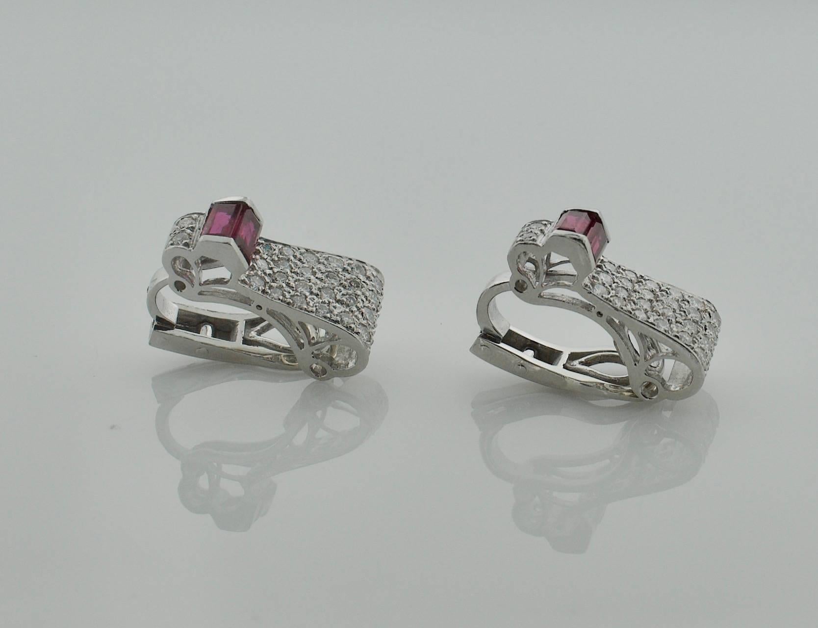 Modern 1940s Platinum and Gold Ruby and Diamond Earrings For Sale