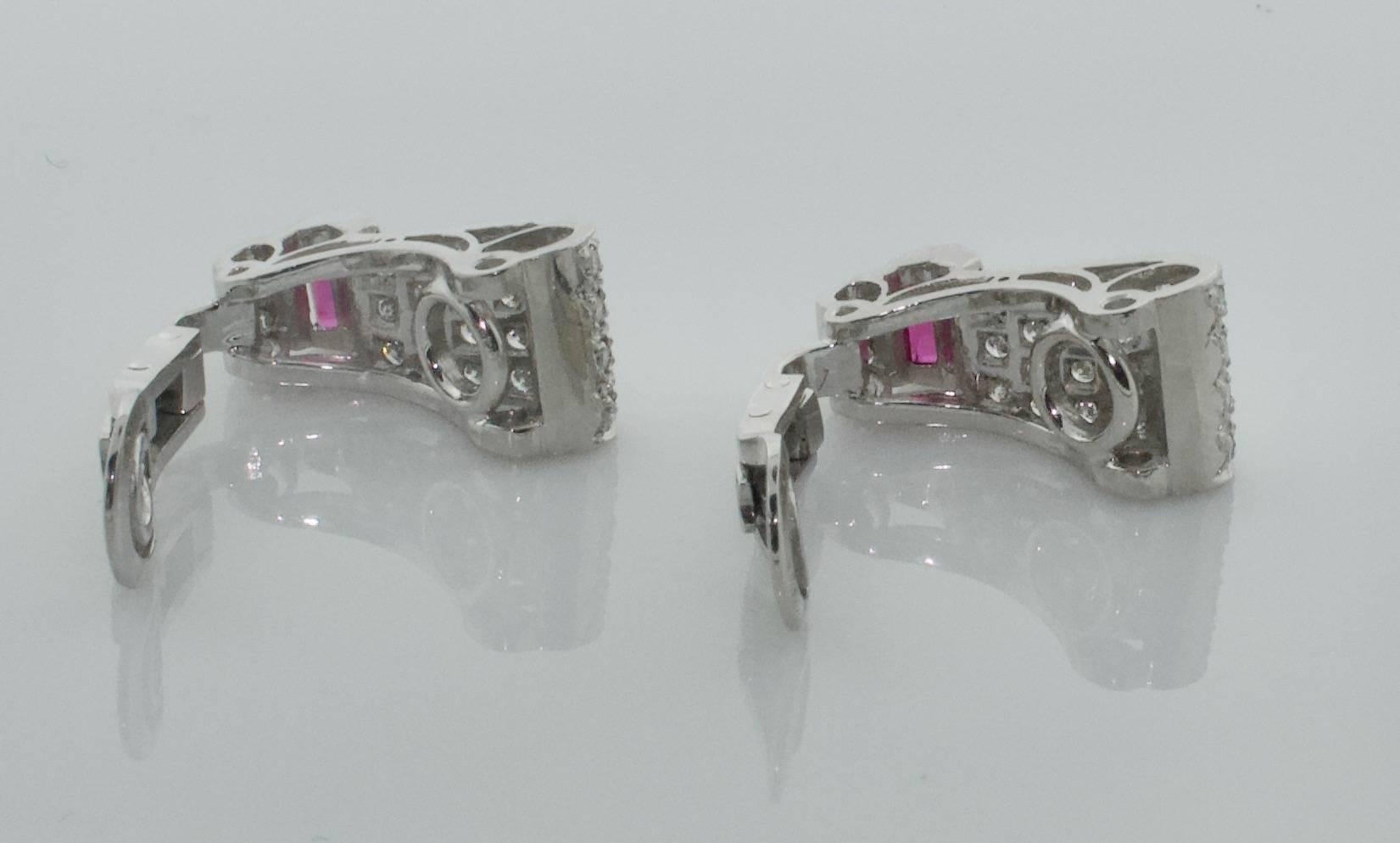 Baguette Cut Exquisite 1940s Platinum & Gold Ruby and Diamond Earrings – Rare & Handcrafted For Sale