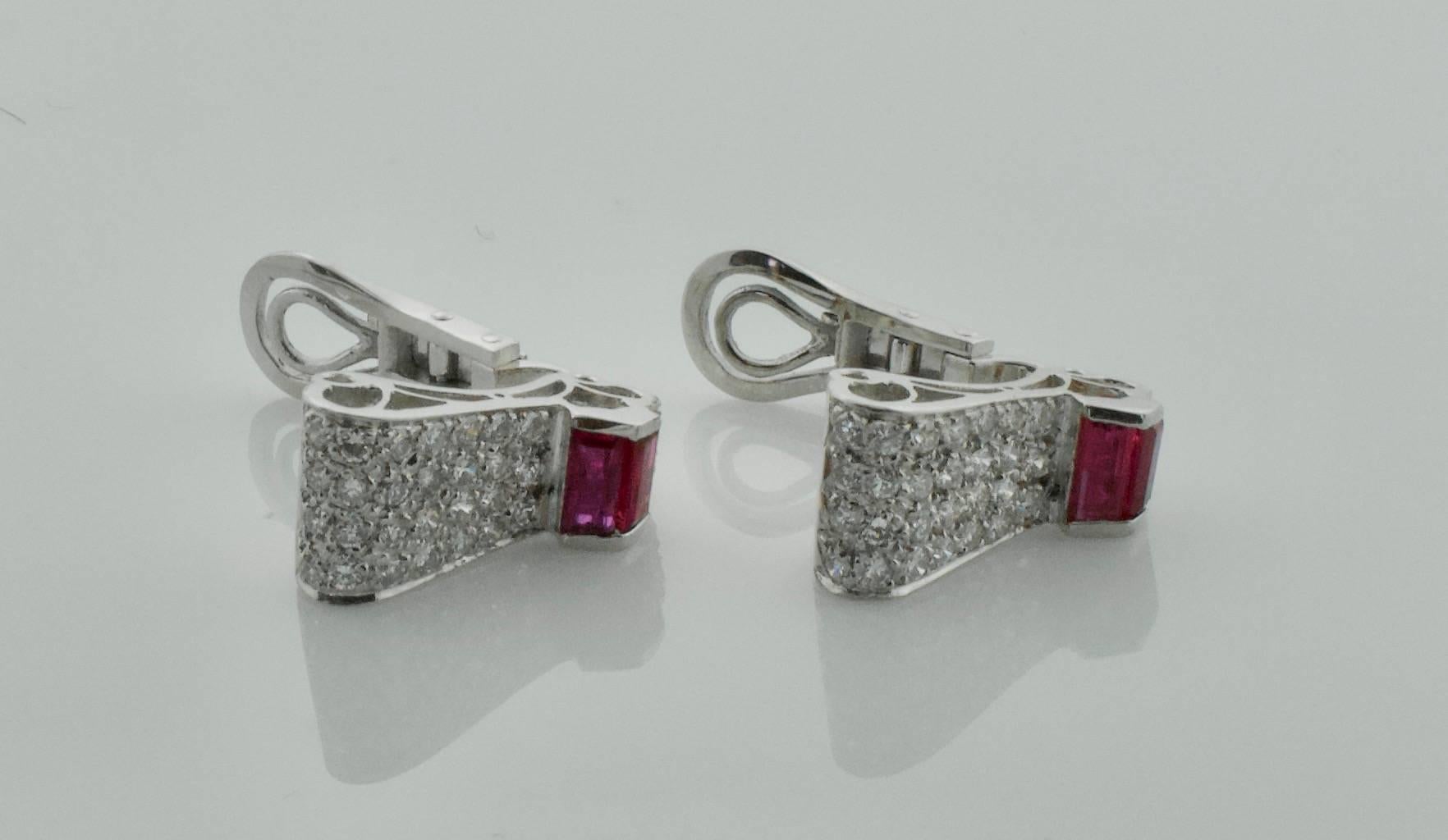 Exquisite 1940s Platinum & Gold Ruby and Diamond Earrings – Rare & Handcrafted In Excellent Condition For Sale In Wailea, HI