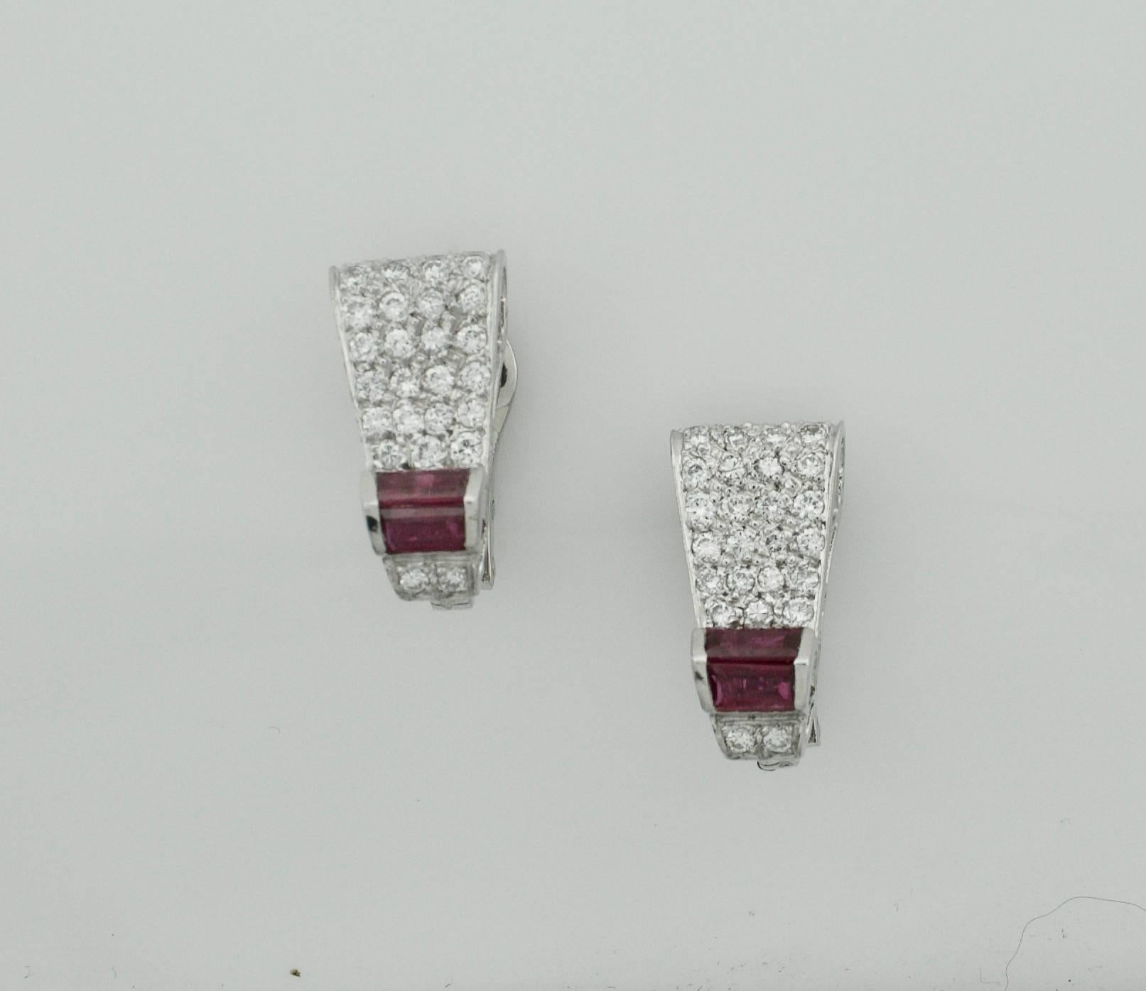 Women's or Men's 1940s Platinum and Gold Ruby and Diamond Earrings For Sale