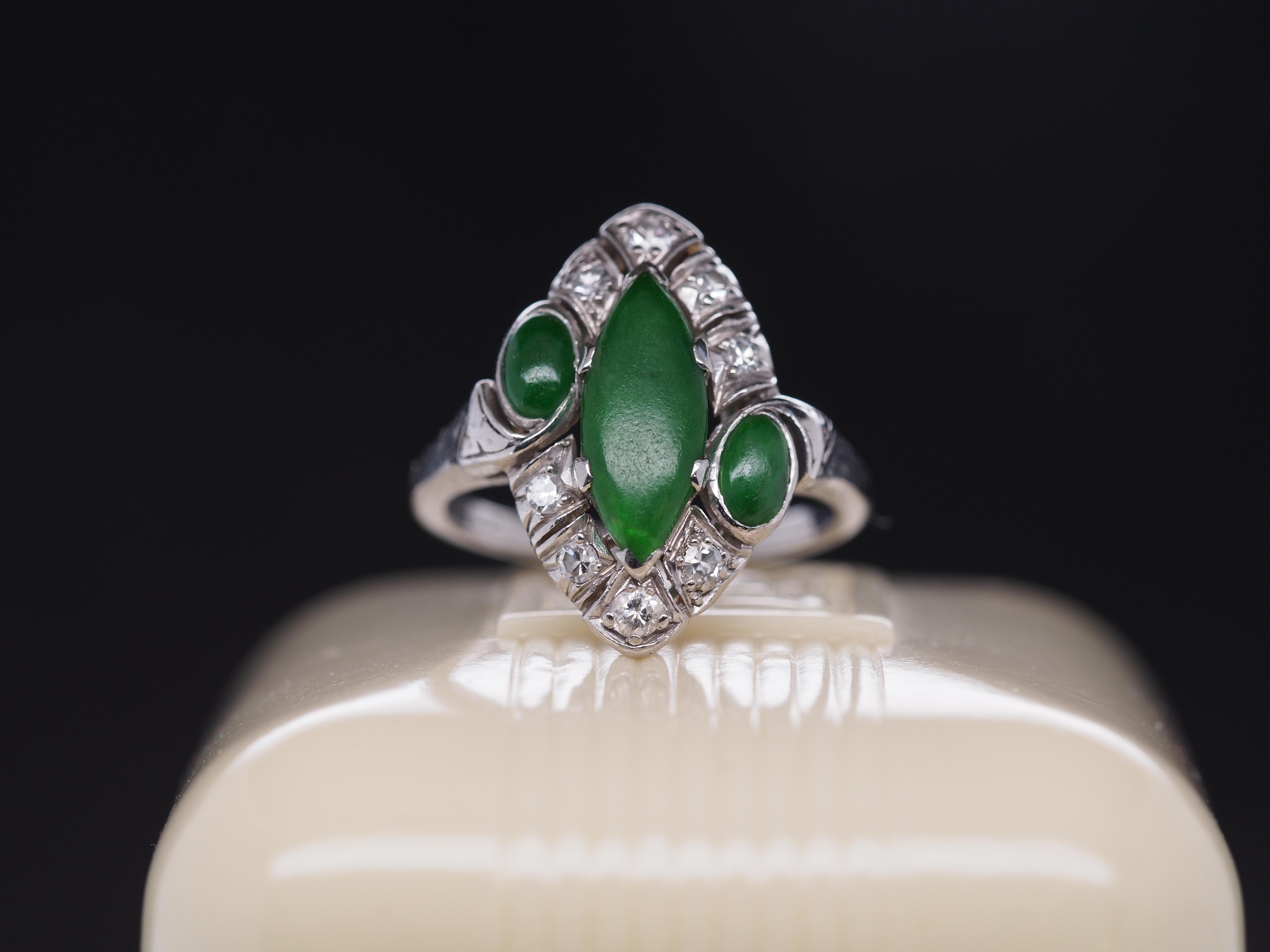 Old European Cut 1940s Platinum Art Deco Jade and Diamond Ring For Sale