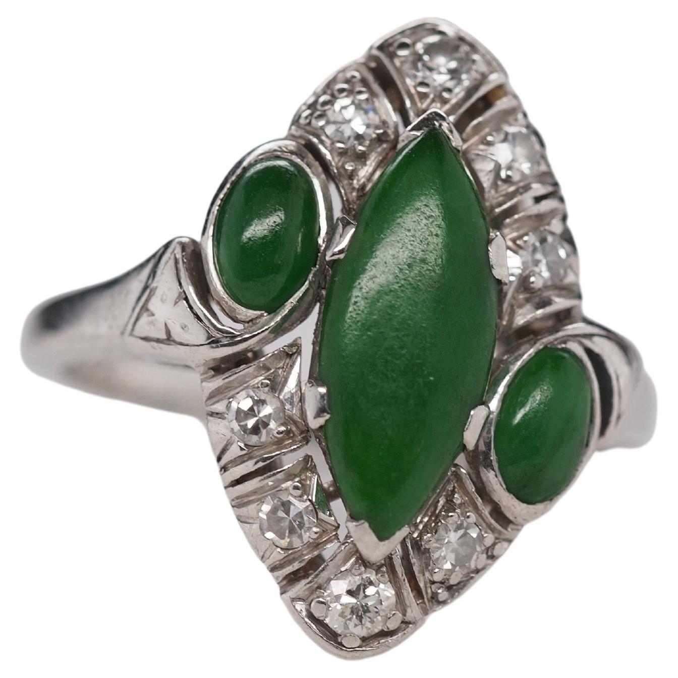 1940s Platinum Art Deco Jade and Diamond Ring For Sale