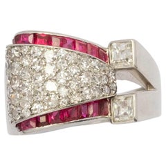 1940s Platinum Bridge Ring with Rubies and Diamonds