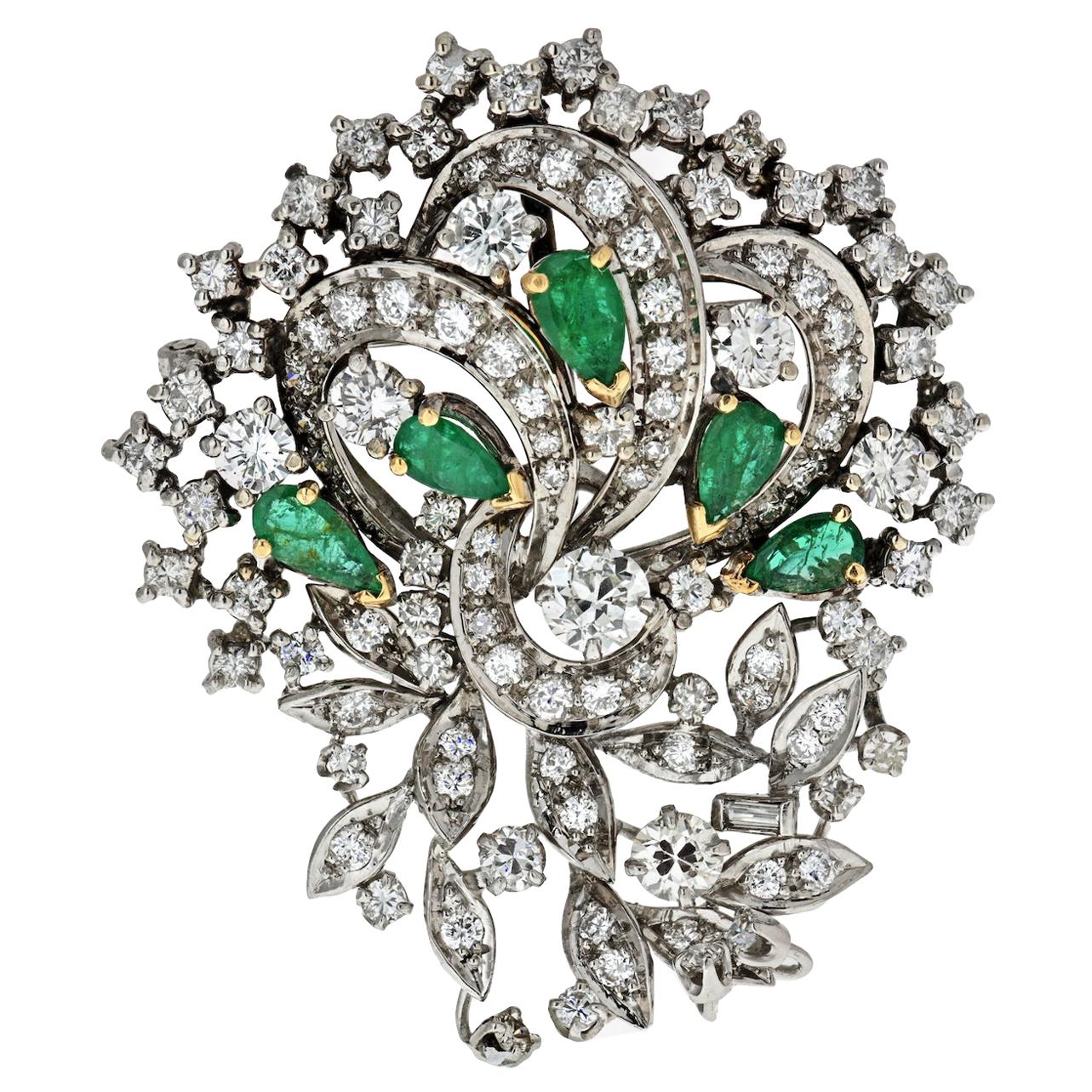 1940s Platinum, Diamond and Green Emerald Brooch
