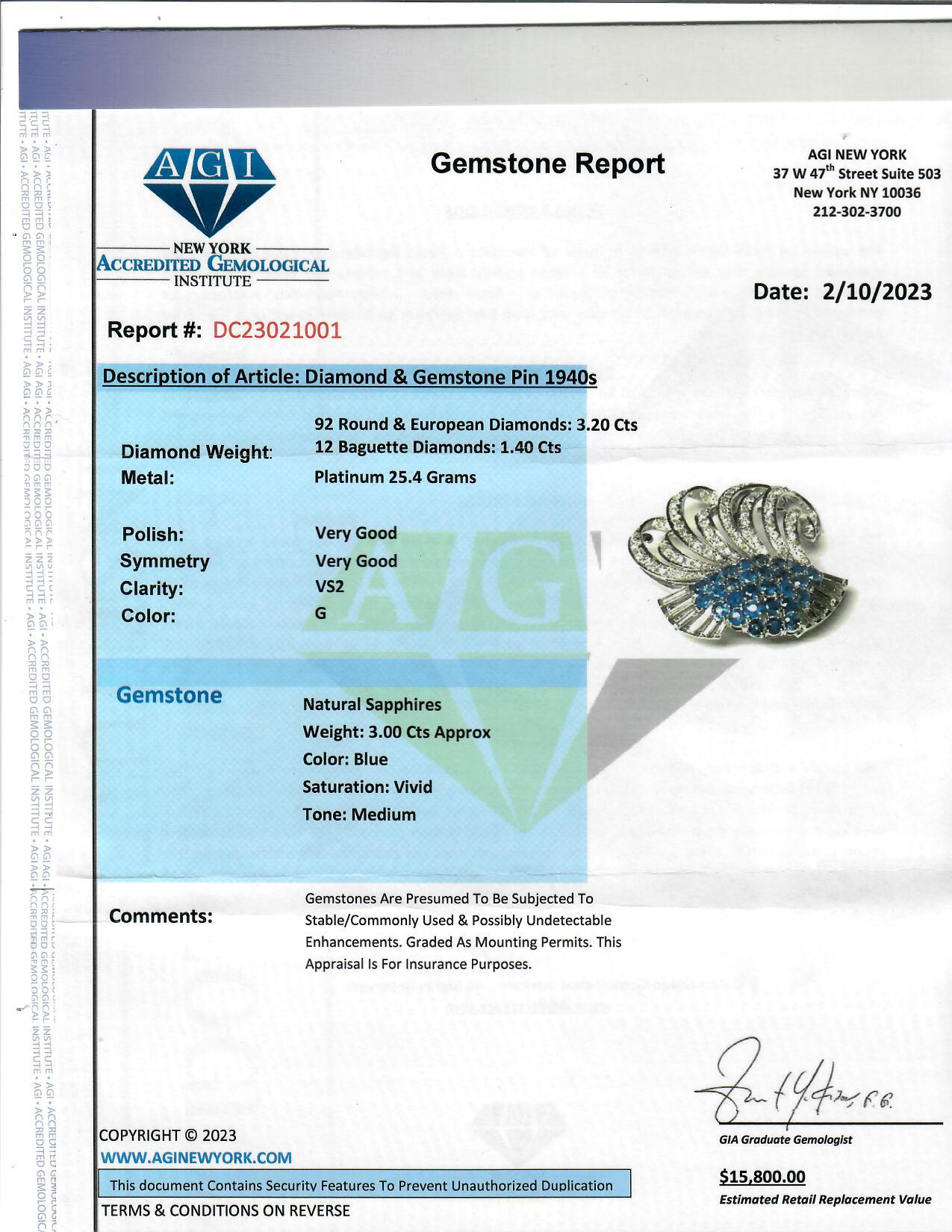 1940er Jahre Platin Diamant und Saphir Duette Brosche im Angebot 3