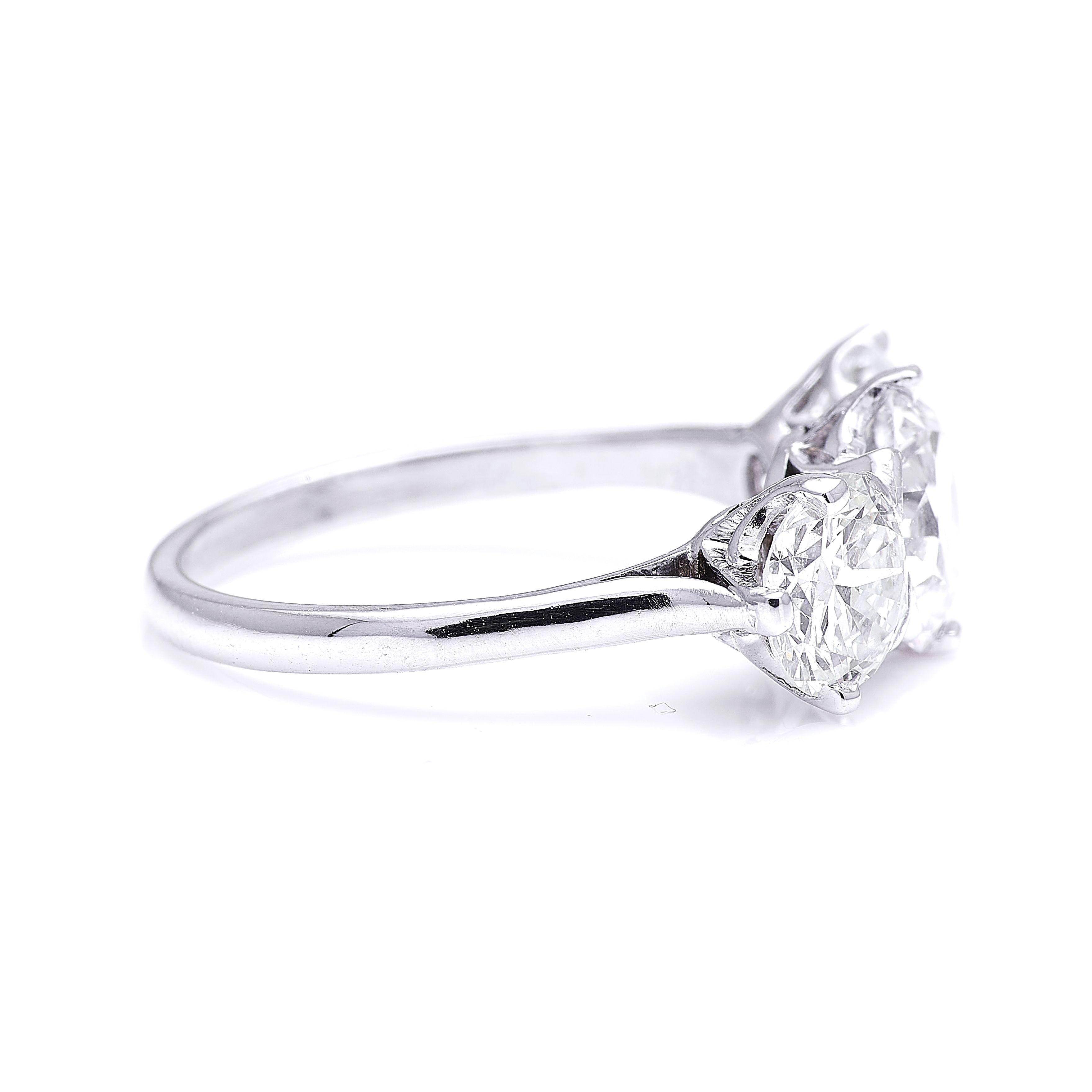 Old European Cut 1940s, Platinum, Diamond Three-Stone Engagement Ring For Sale