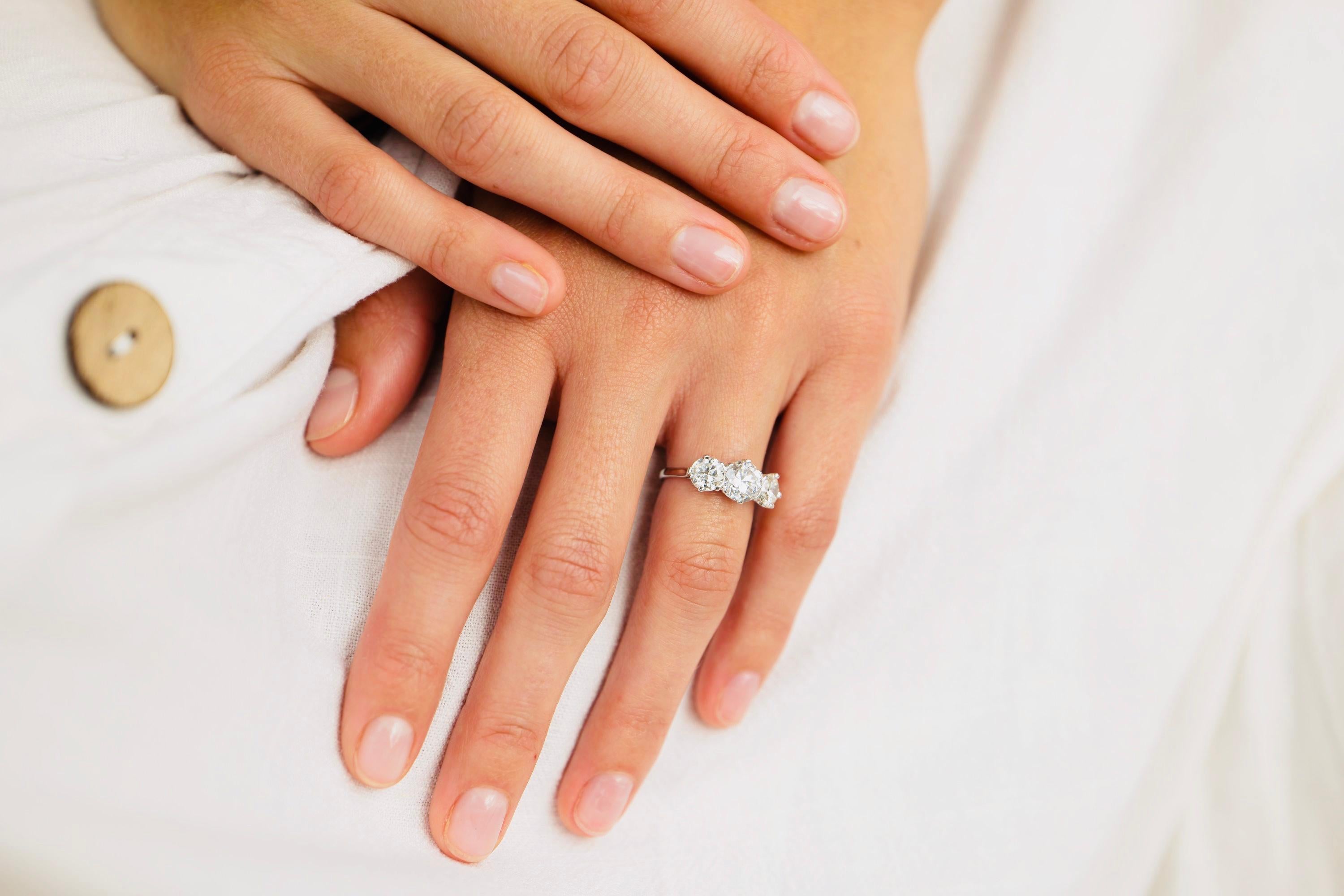 Women's 1940s, Platinum, Diamond Three-Stone Engagement Ring For Sale