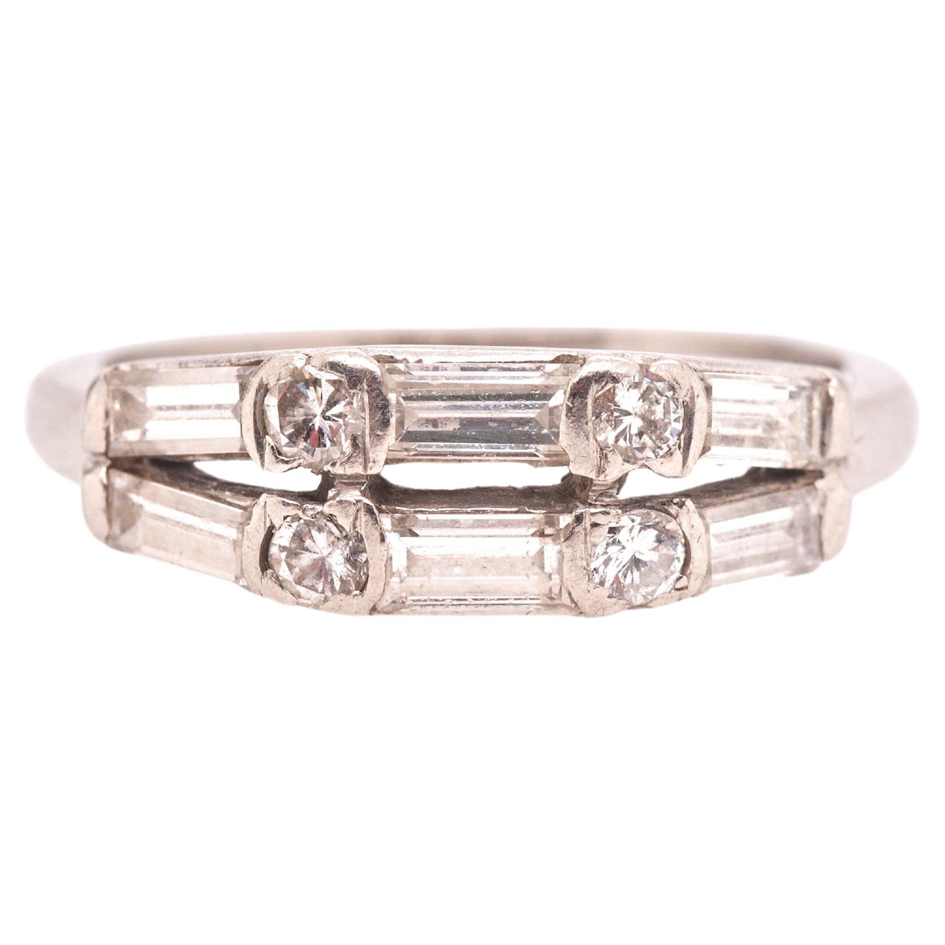 1940s Platinum Double Row Baguette and Transitional Round Wedding Band For Sale