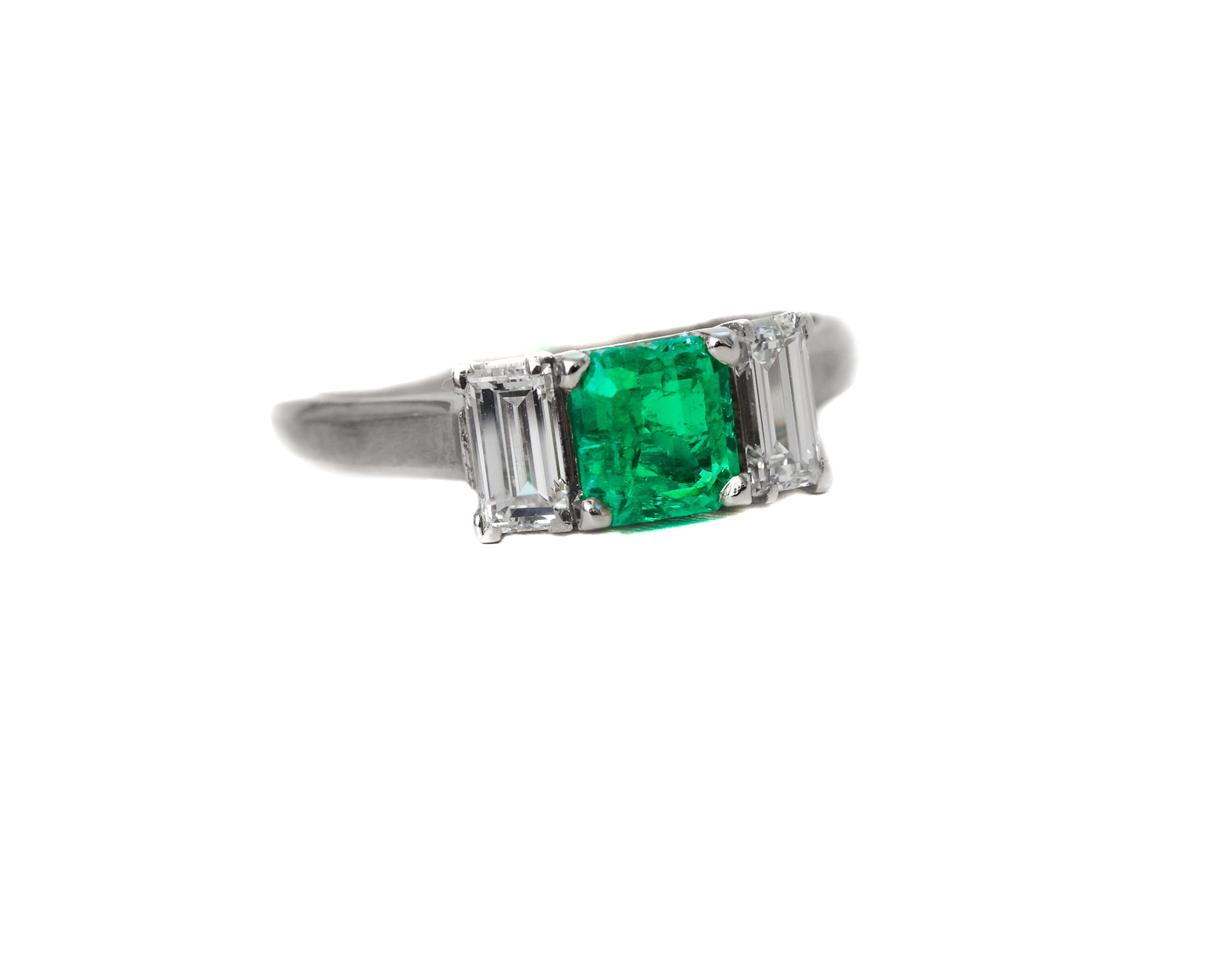 Retro 1940s Platinum Emerald and Diamond 3-Stone Ring