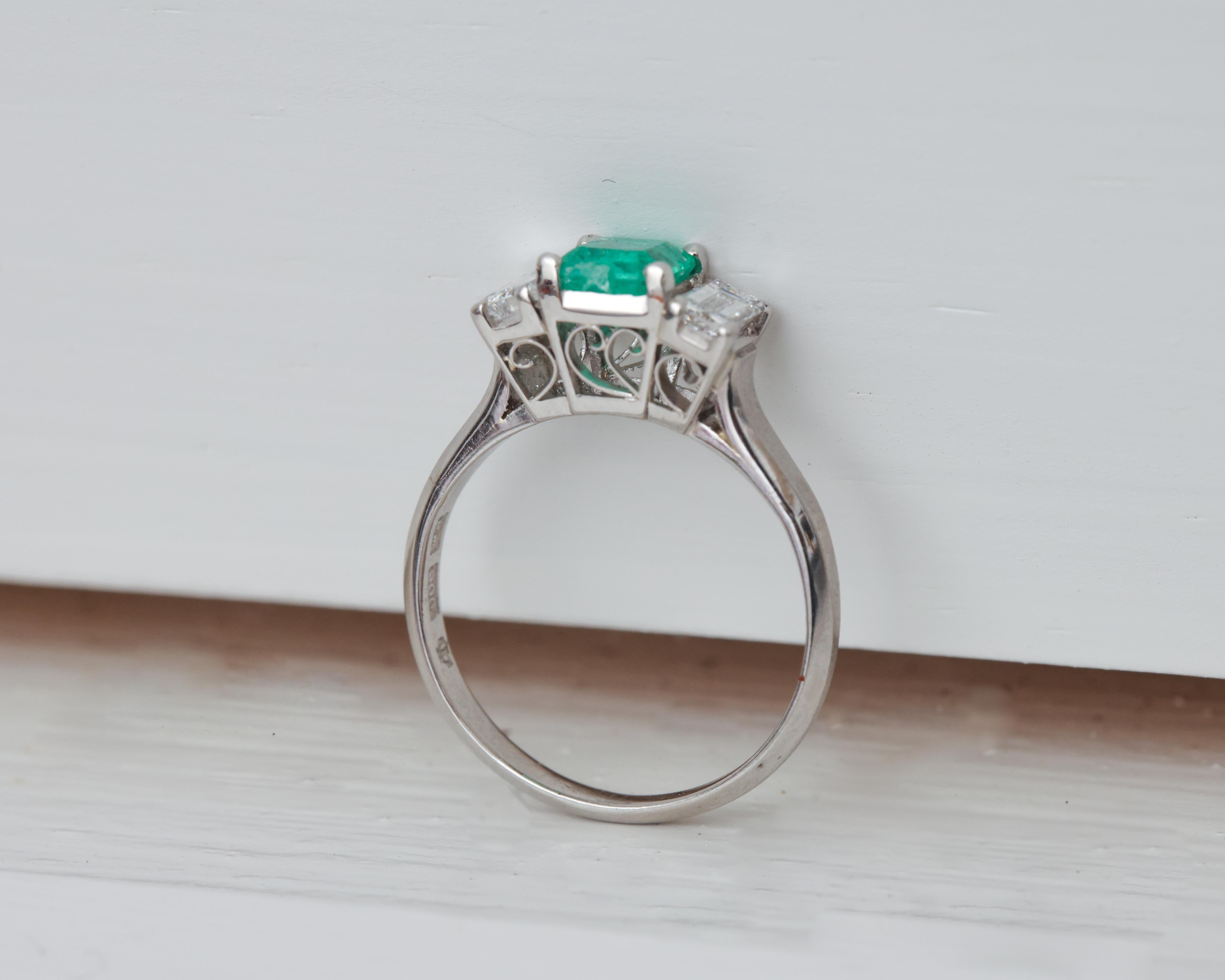 Emerald Cut 1940s Platinum Emerald and Diamond 3-Stone Ring For Sale