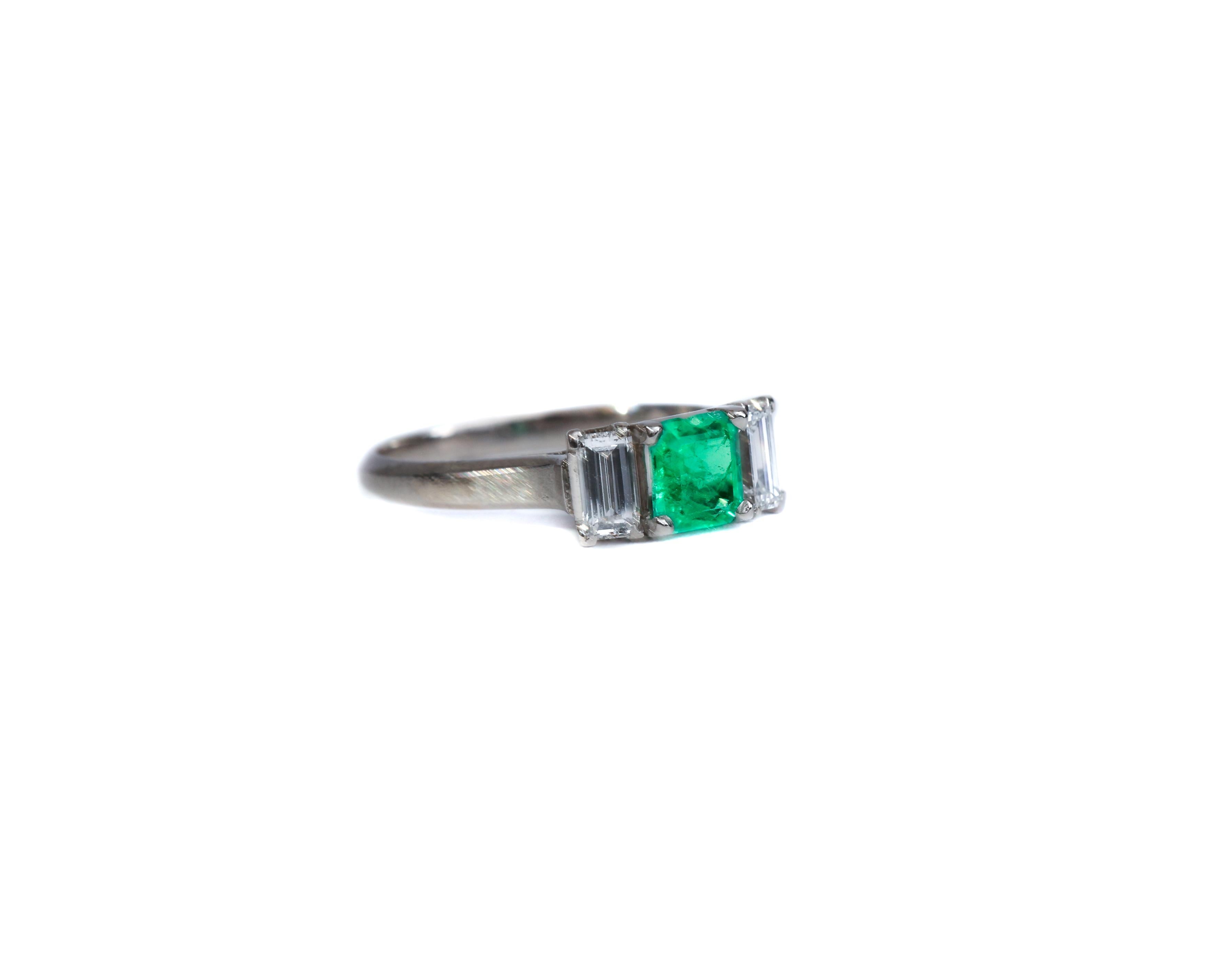 1940s Platinum Emerald and Diamond 3-Stone Ring In Excellent Condition In Atlanta, GA