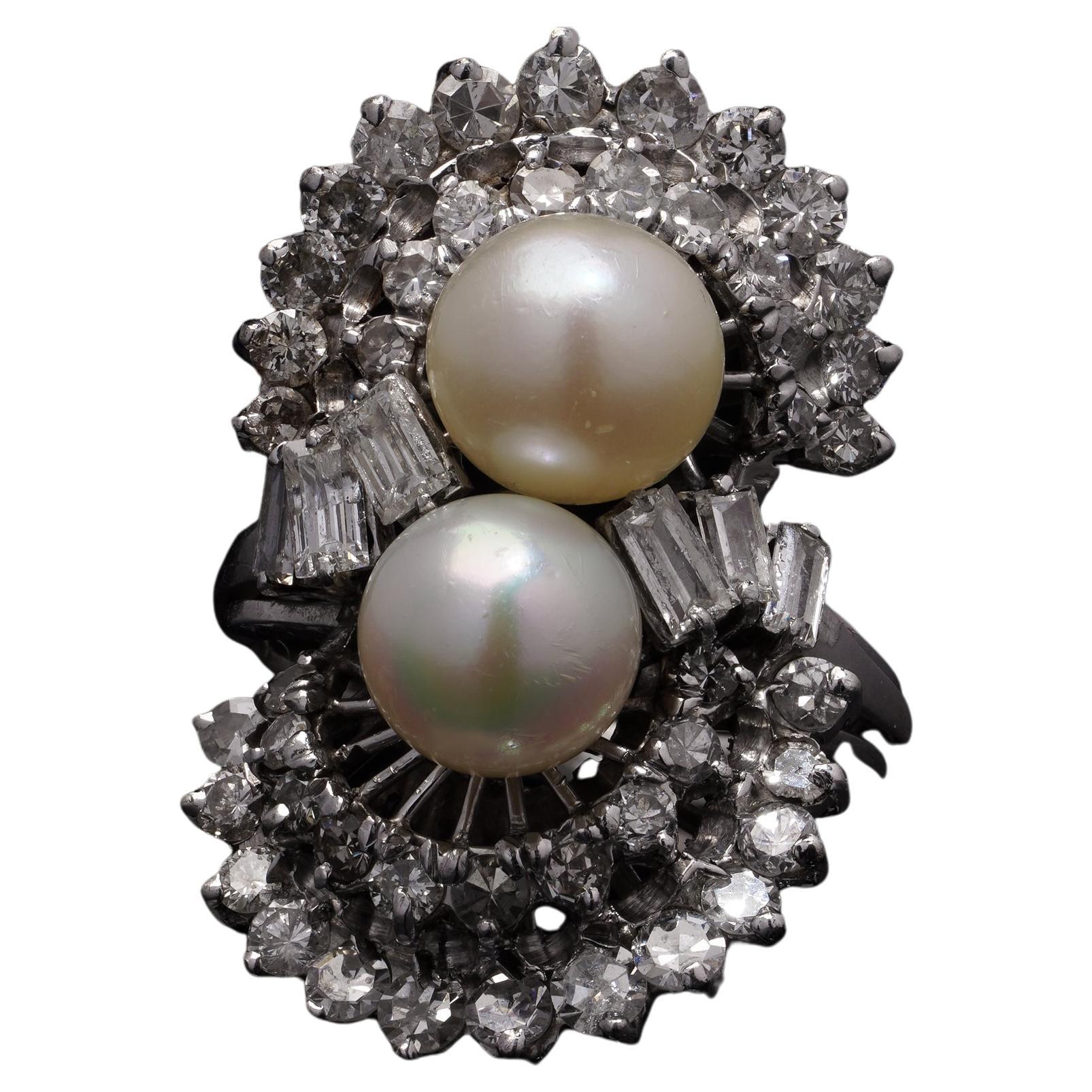 1940s Platinum Ladies Double Cluster Ring with Freshwater Pearls and Diamonds
