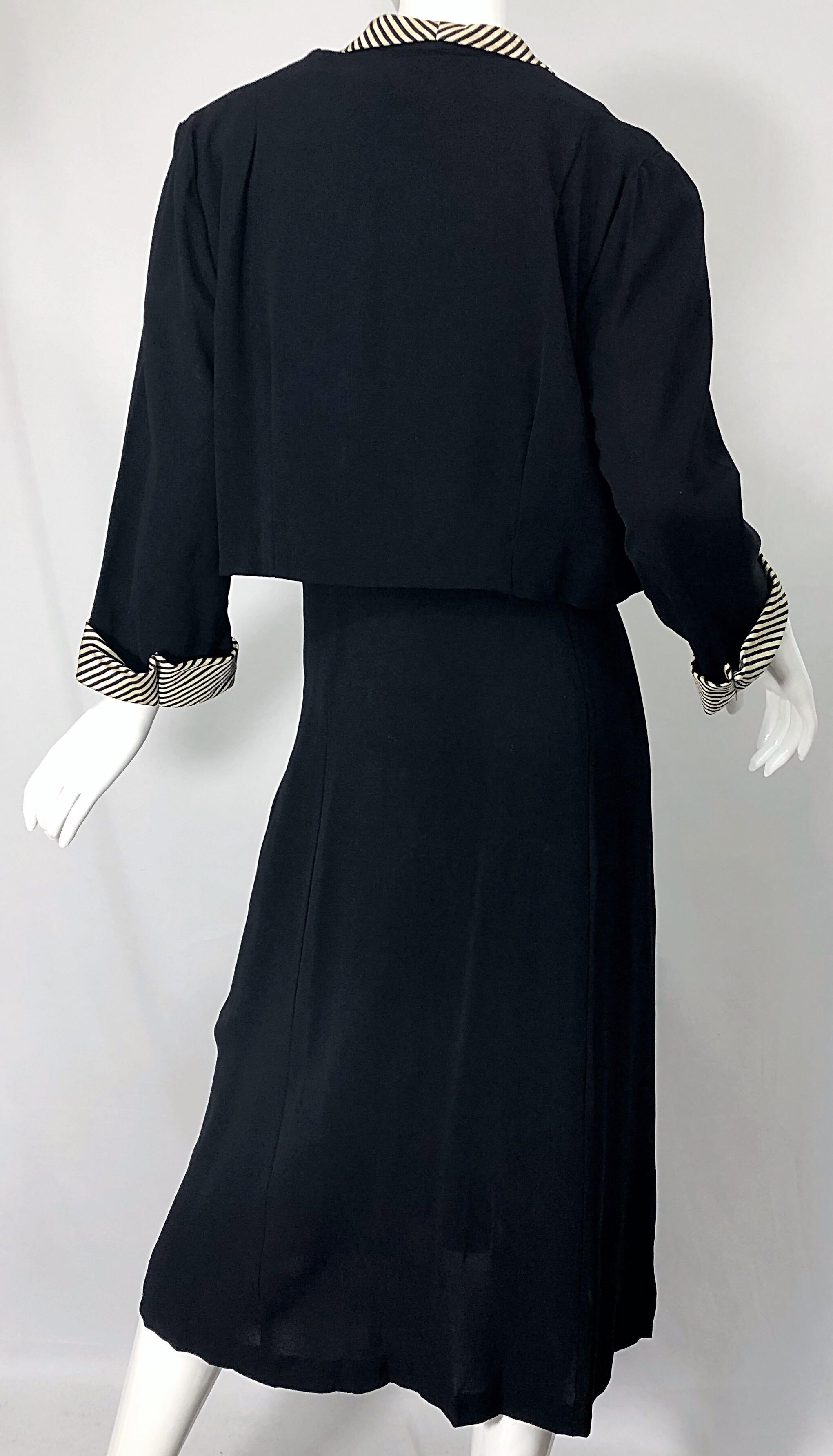 1940s Plus Size 20 / 22 Black and White Crepe Rhinestone 40s Dress and Jacket For Sale 9