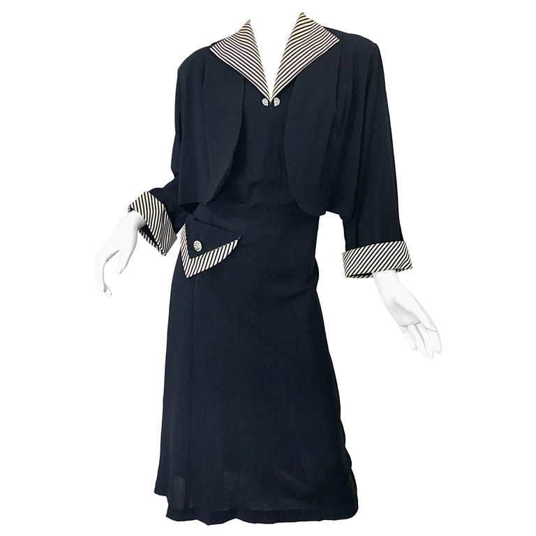 1940s Plus Size 20 / 22 Black and White Crepe Rhinestone 40s Dress and Jacket