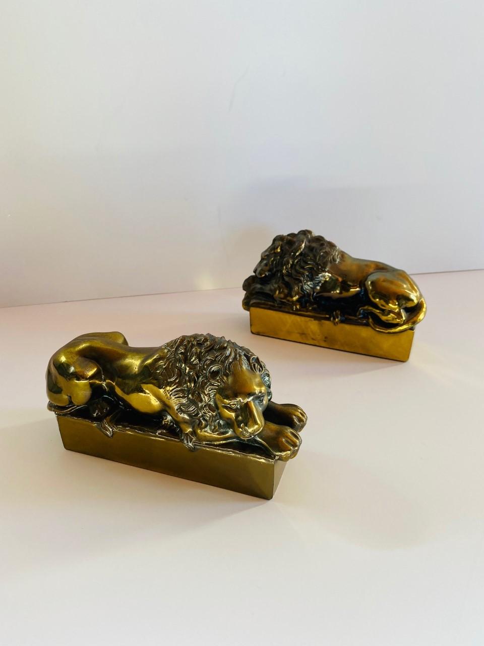 1940s Polished Bronze Plated Antonio Canova Lion Bookends 1