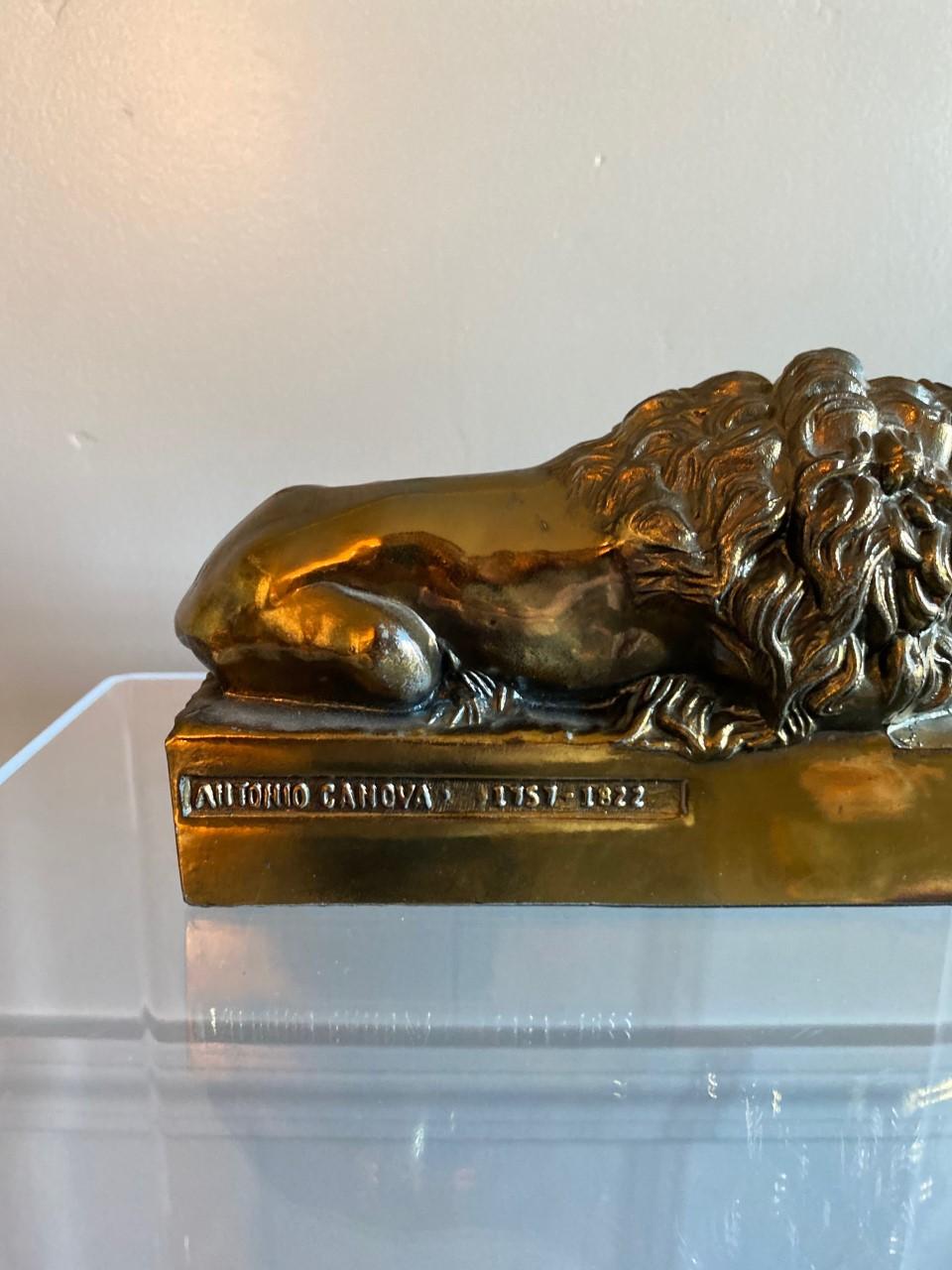 1940s Polished Bronze Plated Antonio Canova Lion Bookends In Good Condition In San Diego, CA