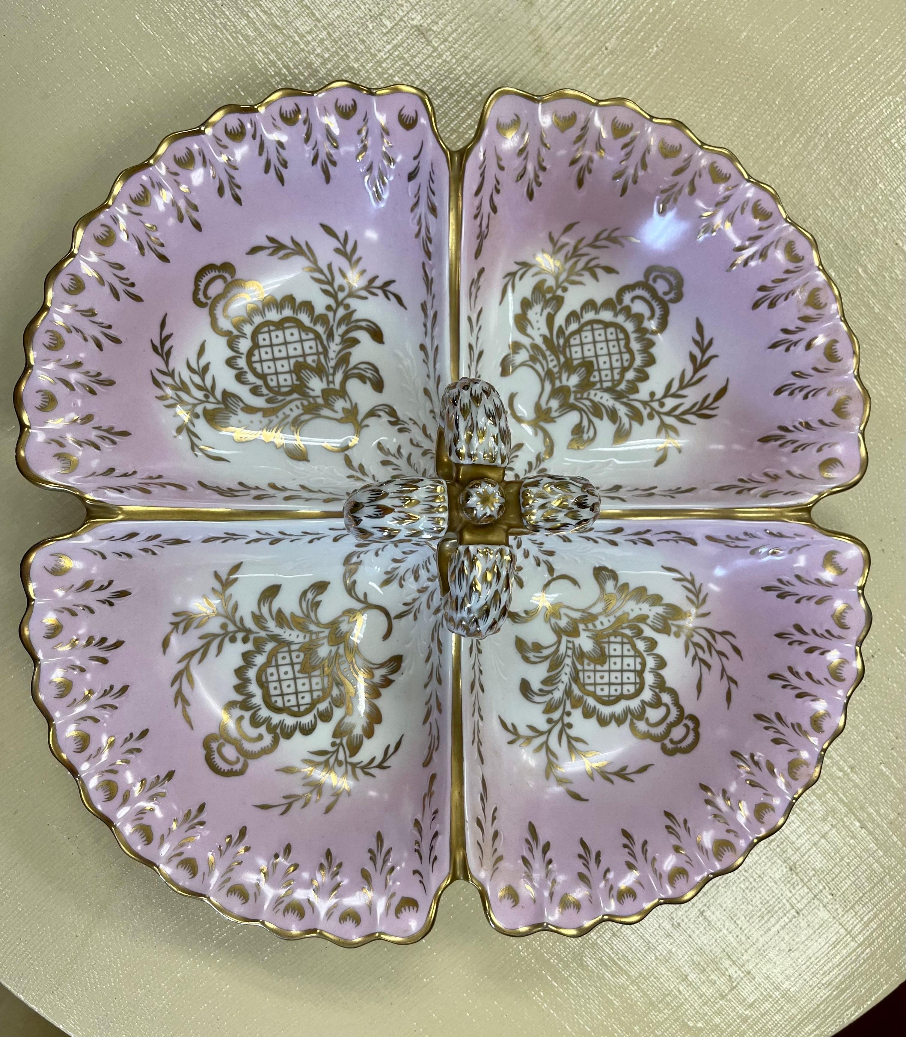 Exceptional, large four part serving platter with raised ribbon handle at center.
Condition is excellent. The colors are vivid and unusual. All hallmarks at bottom, see pics. Circa 1940's. Why not own the best?.