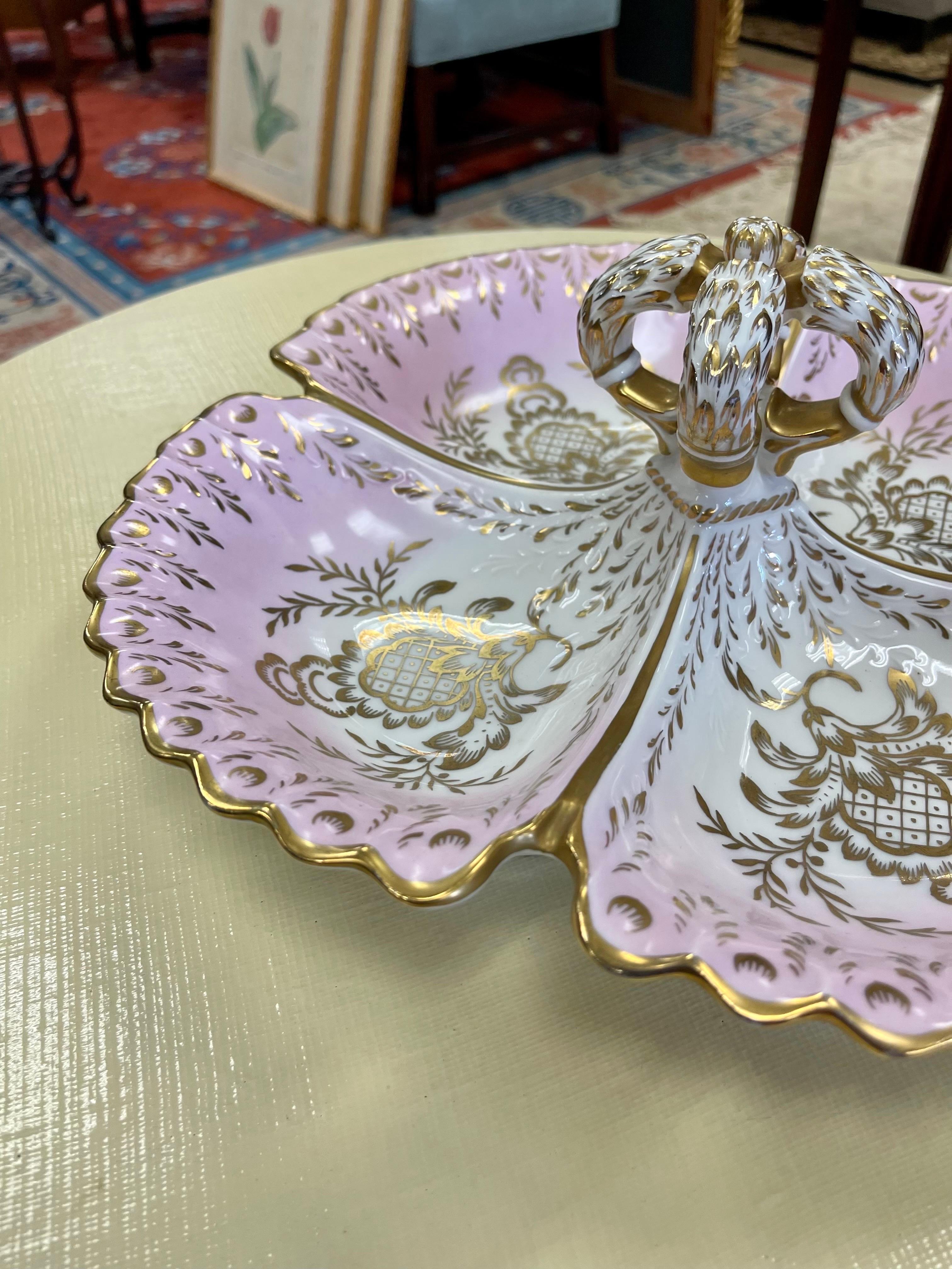 Mid-20th Century 1940's Porcelain Pink and Gold Porcelain Divided Server Dish Platter For Sale