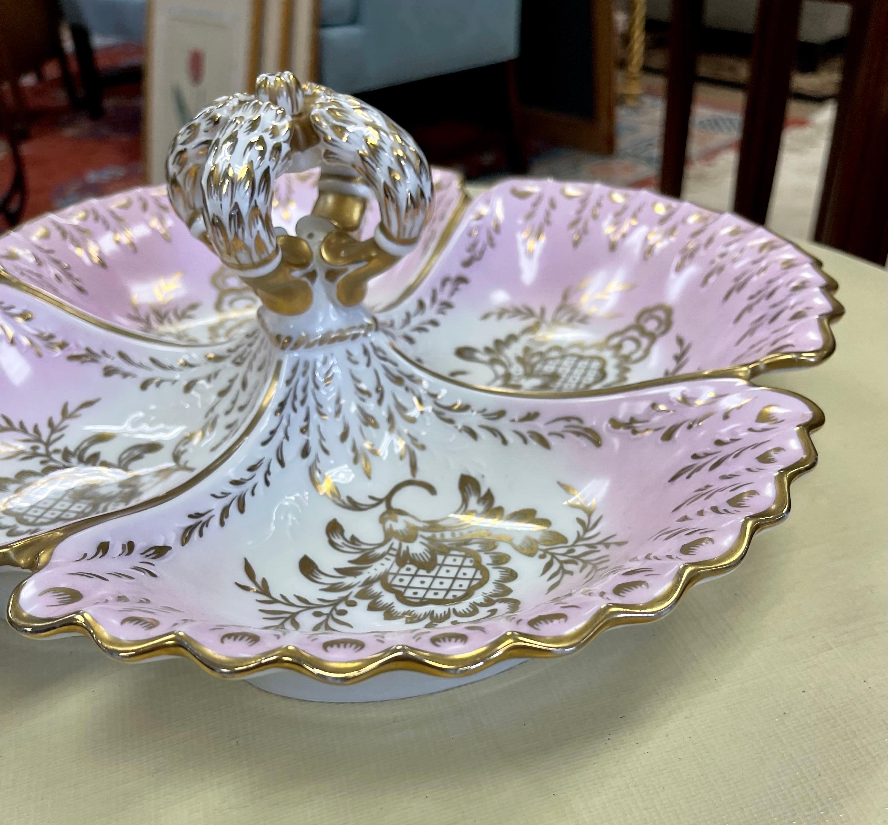 1940's Porcelain Pink and Gold Porcelain Divided Server Dish Platter For Sale 1