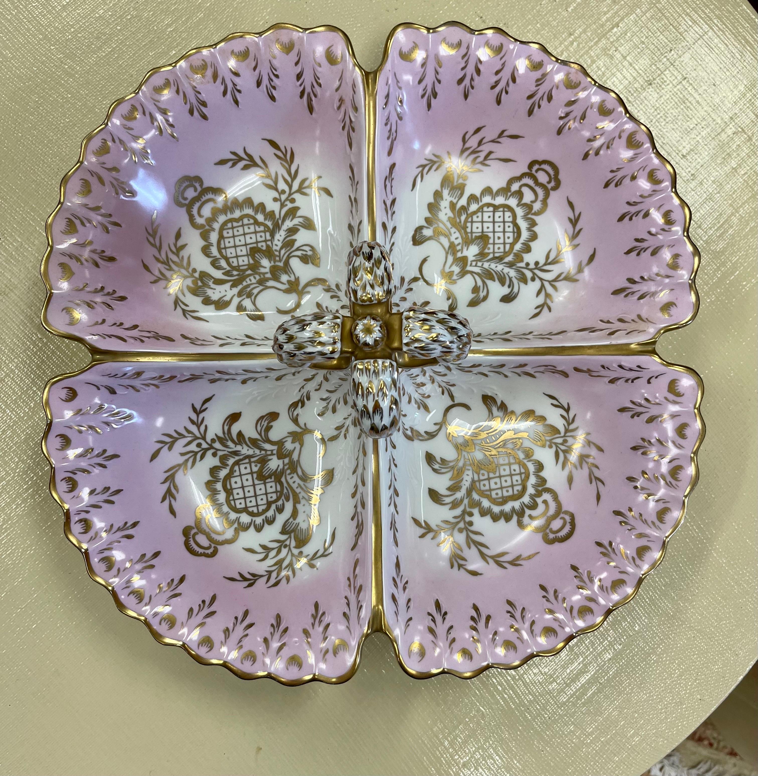 1940's Porcelain Pink and Gold Porcelain Divided Server Dish Platter For Sale 2