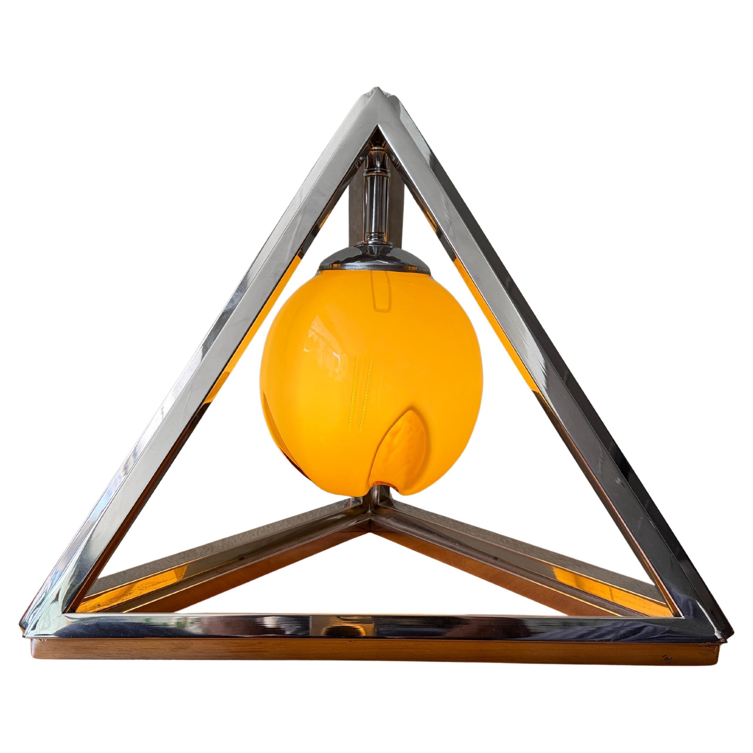 1940s Portuguese Art Deco Pyramid Lamp in Chromed Brass and Amber Opaline Glass