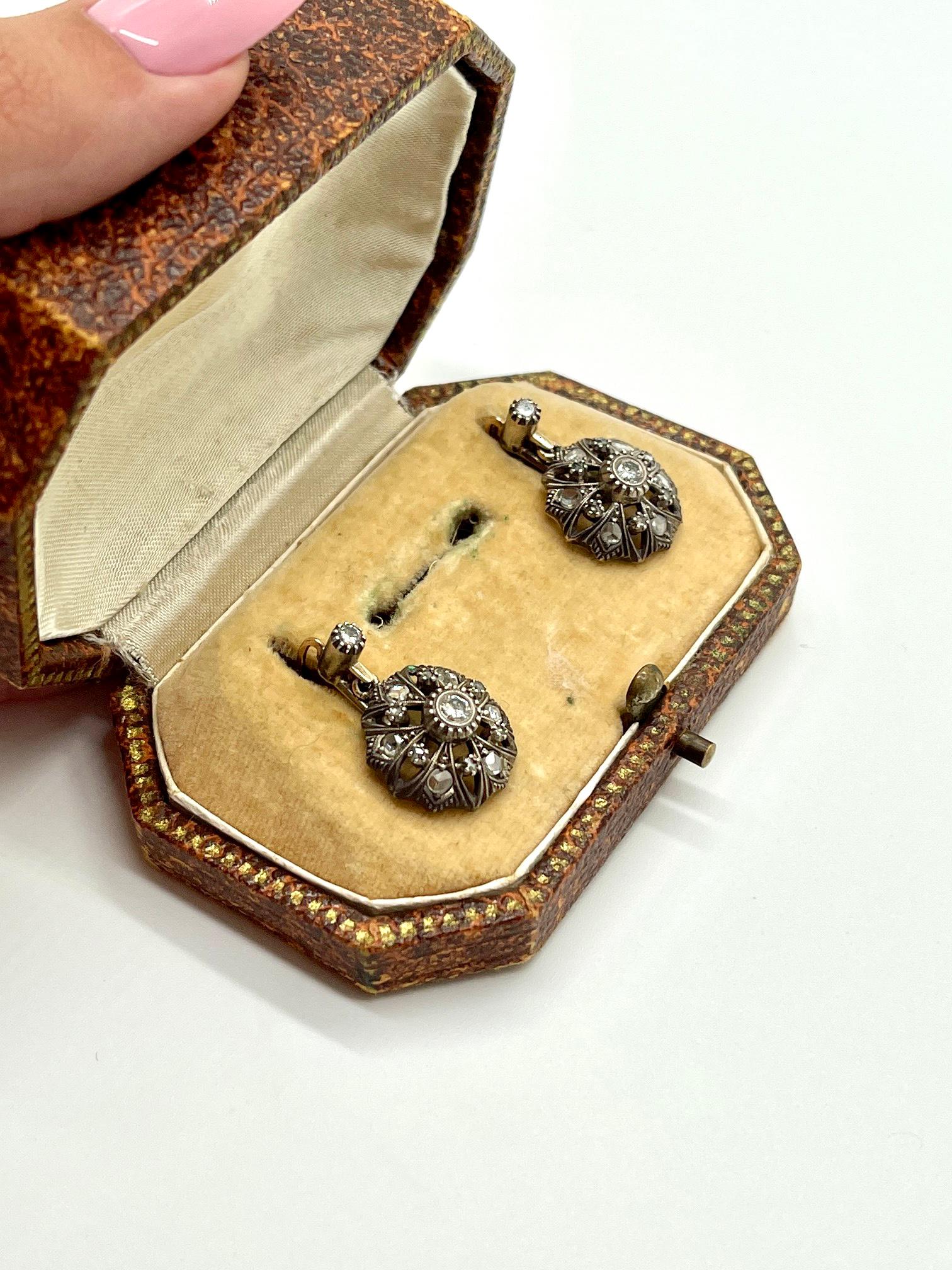 Brilliant Cut Antique Diamonds Gold Victorian Revival Portuguese Cocktail Earrings For Sale