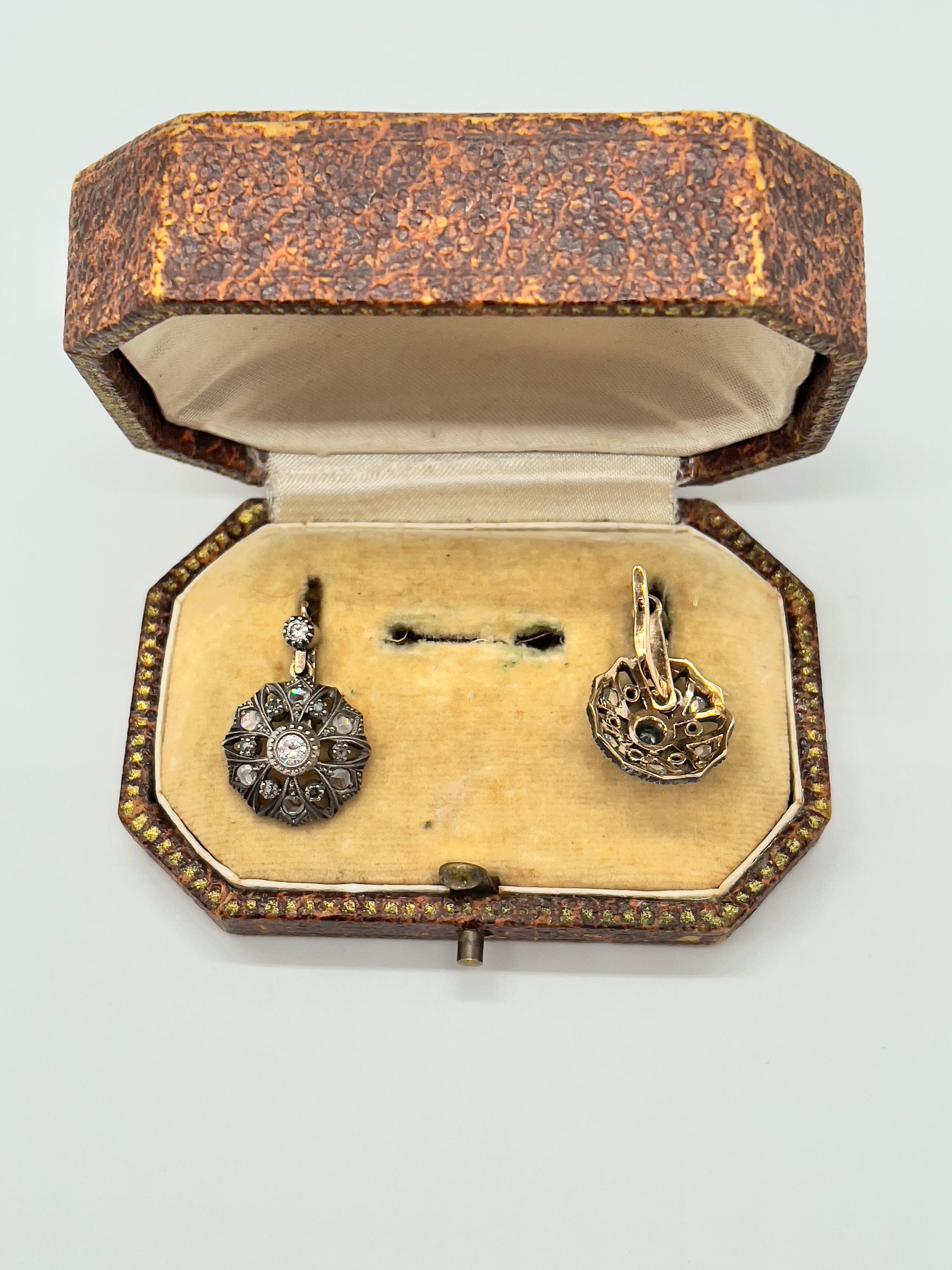 Antique Diamonds Gold Victorian Revival Portuguese Cocktail Earrings In Excellent Condition For Sale In Viana do Castelo, PT