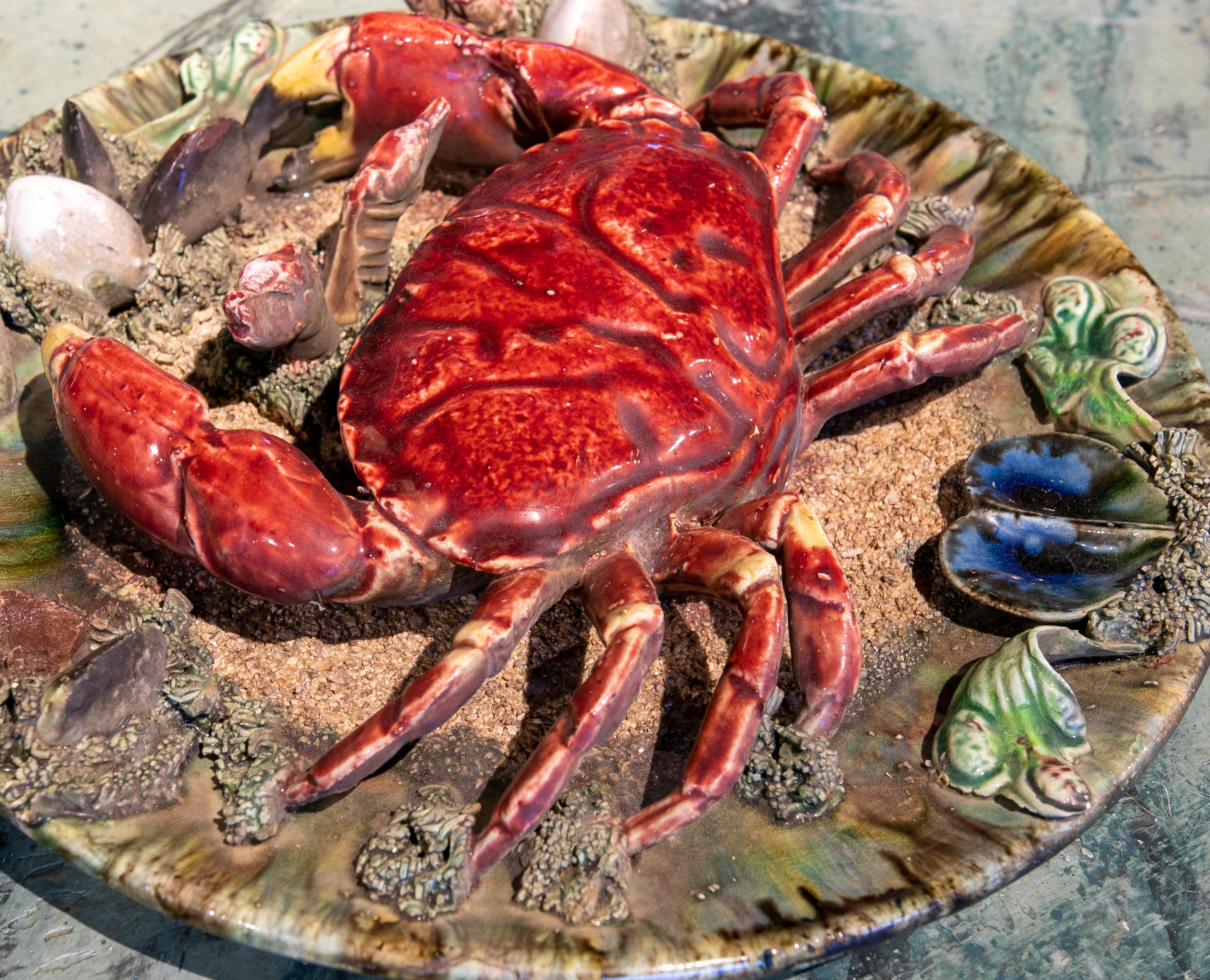 1940s Portuguese Majolica Palissy Ware Crab Wall Platter 6