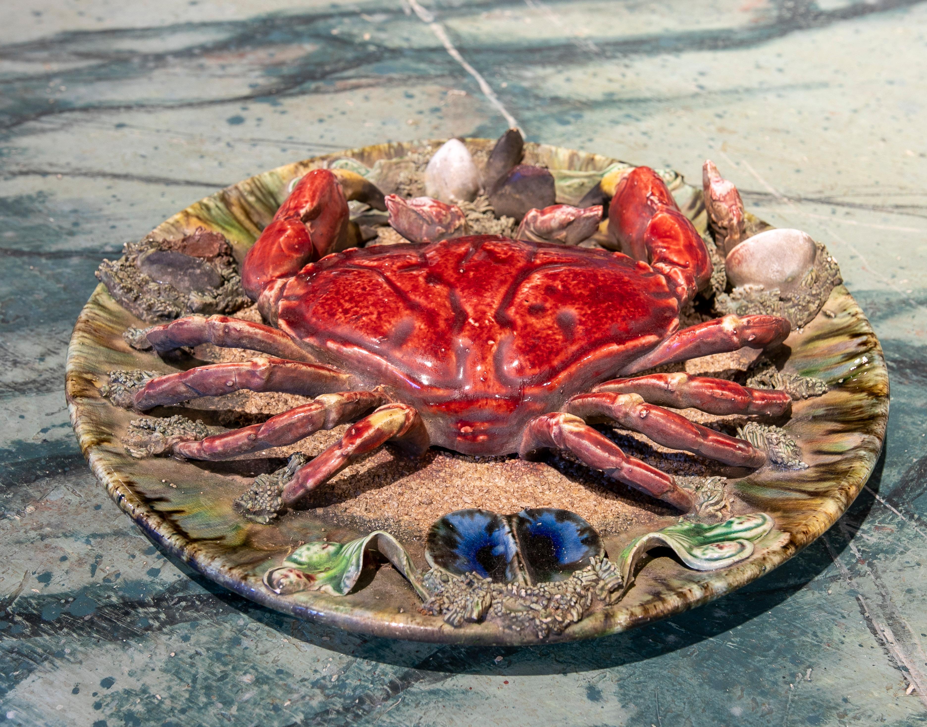1940s Portuguese Majolica Palissy Ware Crab Wall Platter 7