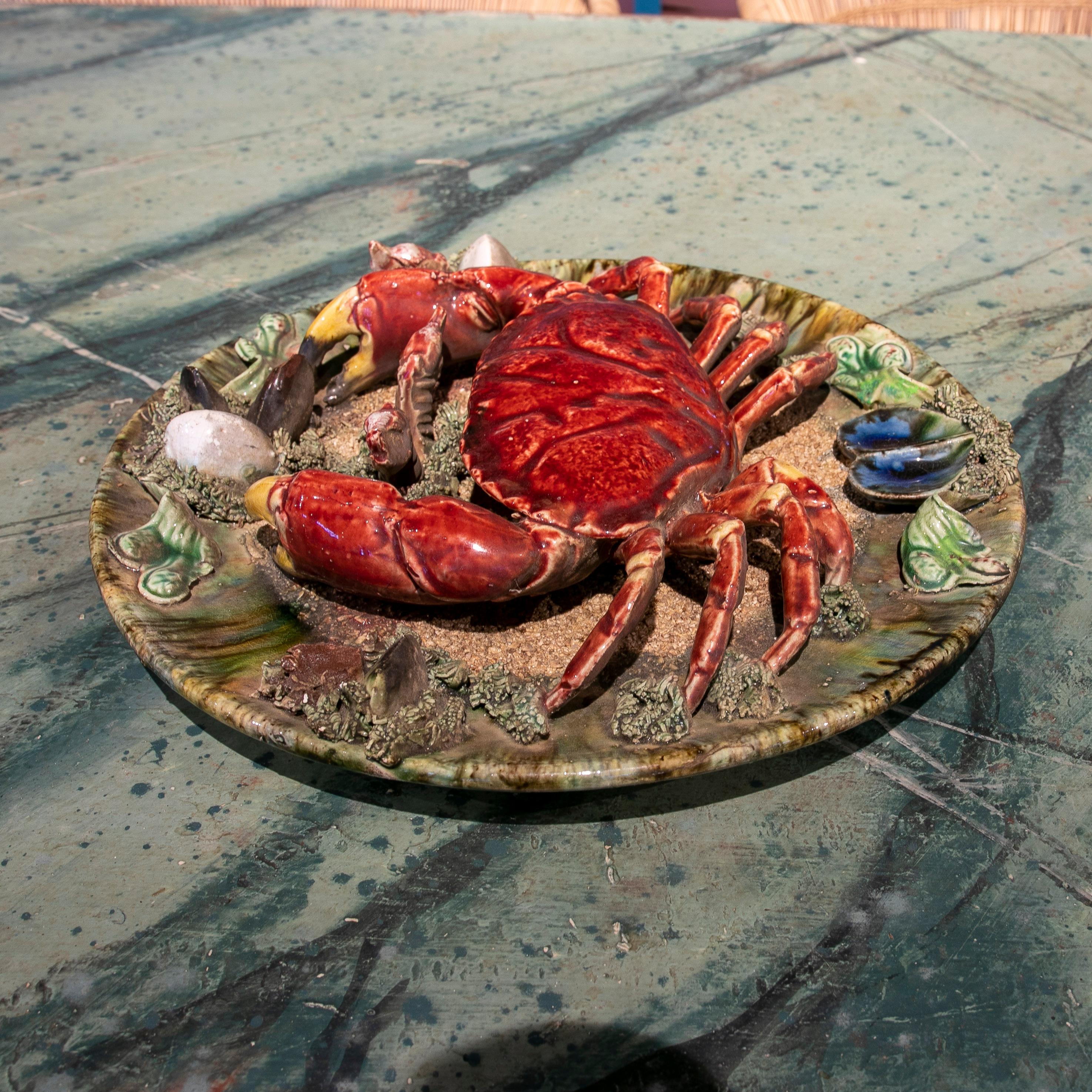 Ceramic 1940s Portuguese Majolica Palissy Ware Crab Wall Platter