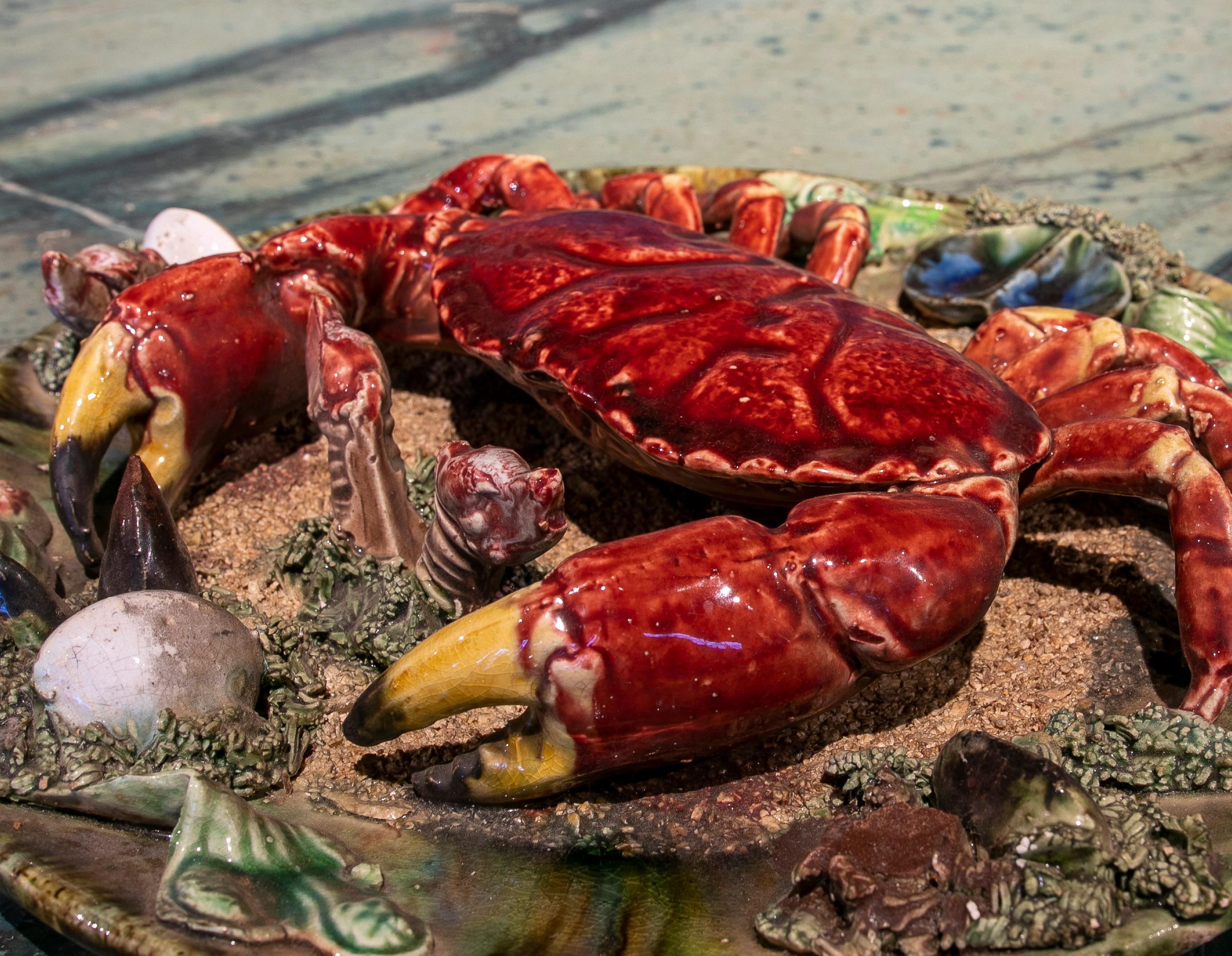 1940s Portuguese Majolica Palissy Ware Crab Wall Platter 1