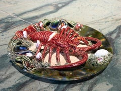 Plato de pared de langosta de mayólica portuguesa Palissy Ware de los años 40