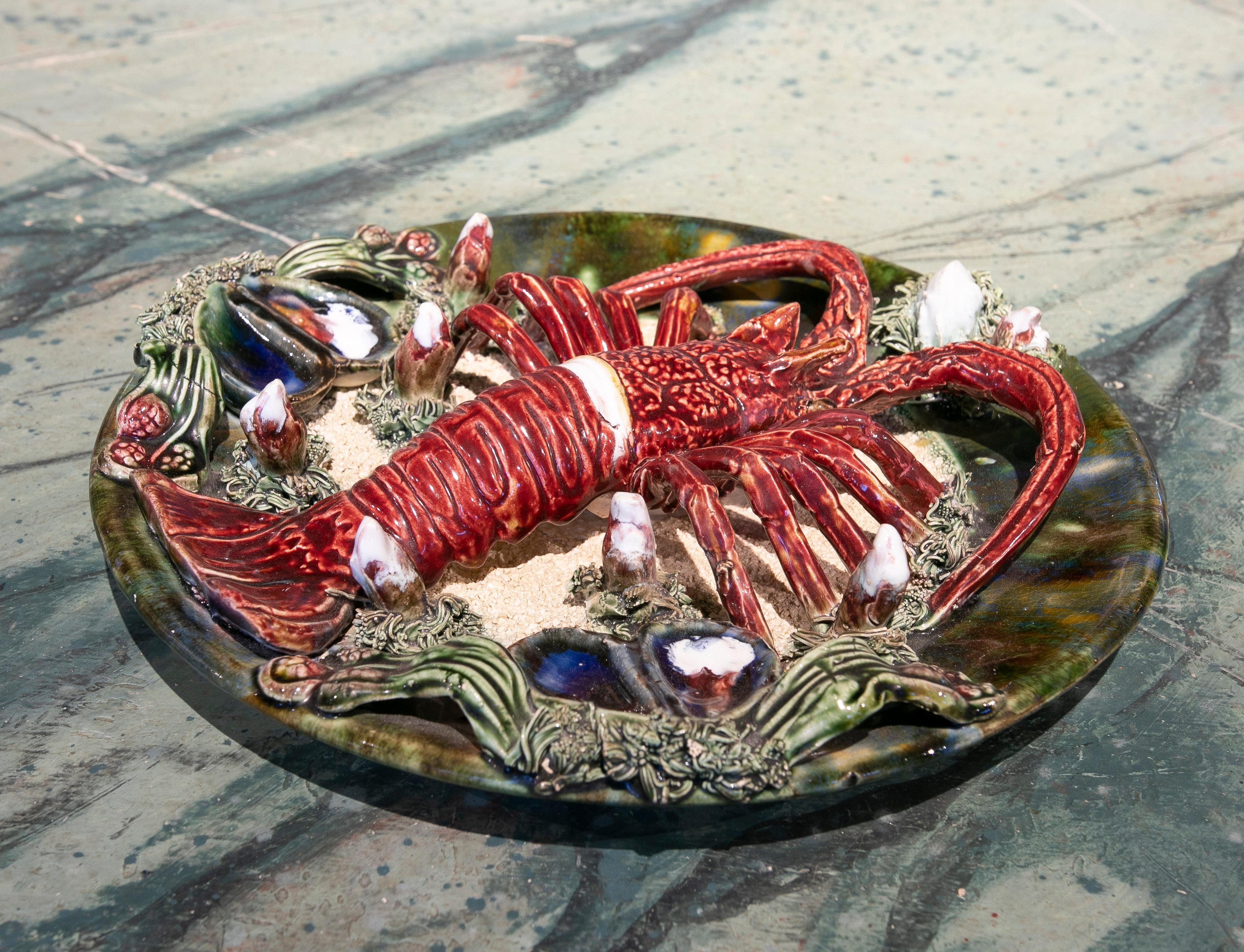 Hand-Painted 1940s Portuguese Majolica Palissy Ware Lobster Wall Platter