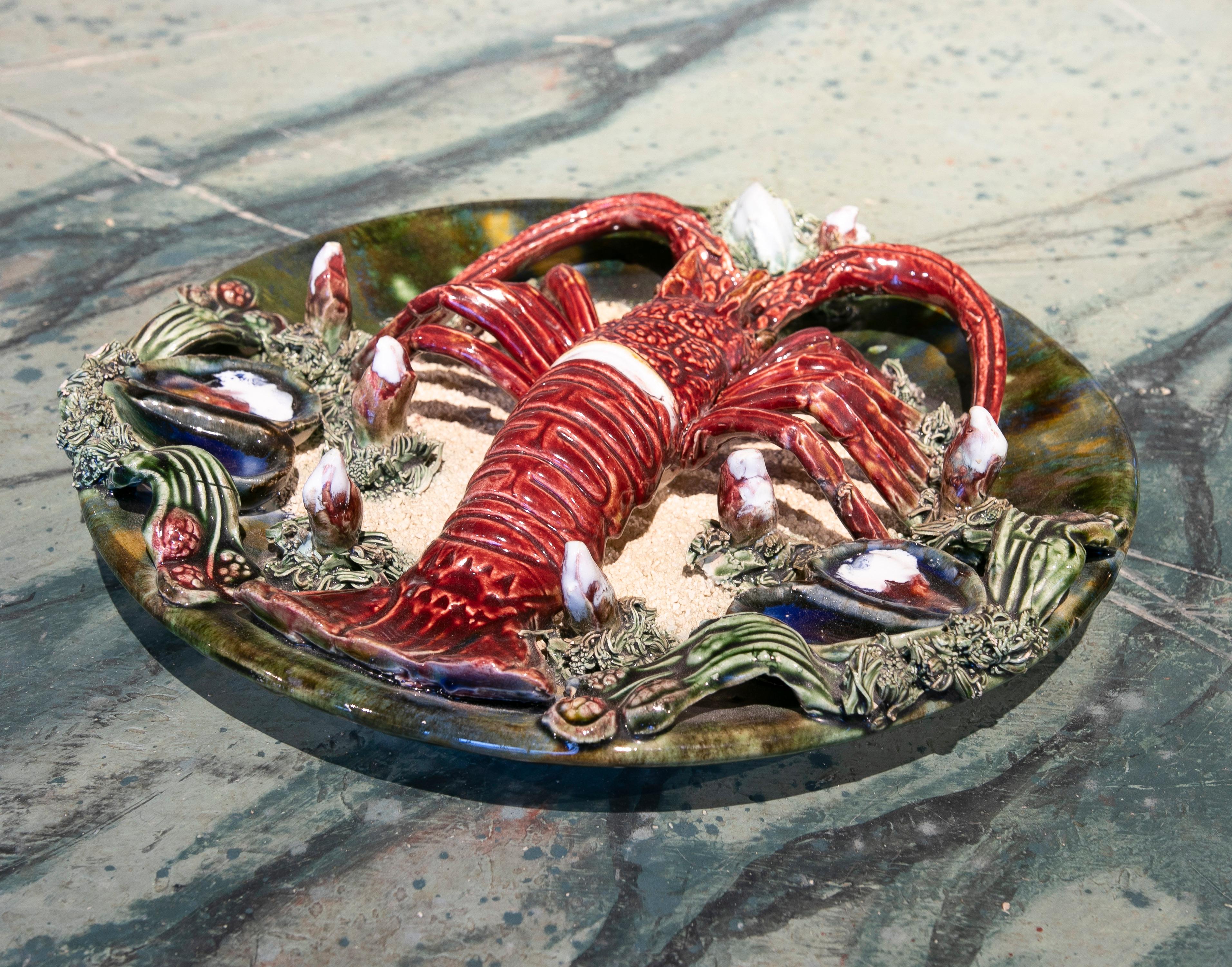 1940s Portuguese Majolica Palissy Ware Lobster Wall Platter In Good Condition In Marbella, ES