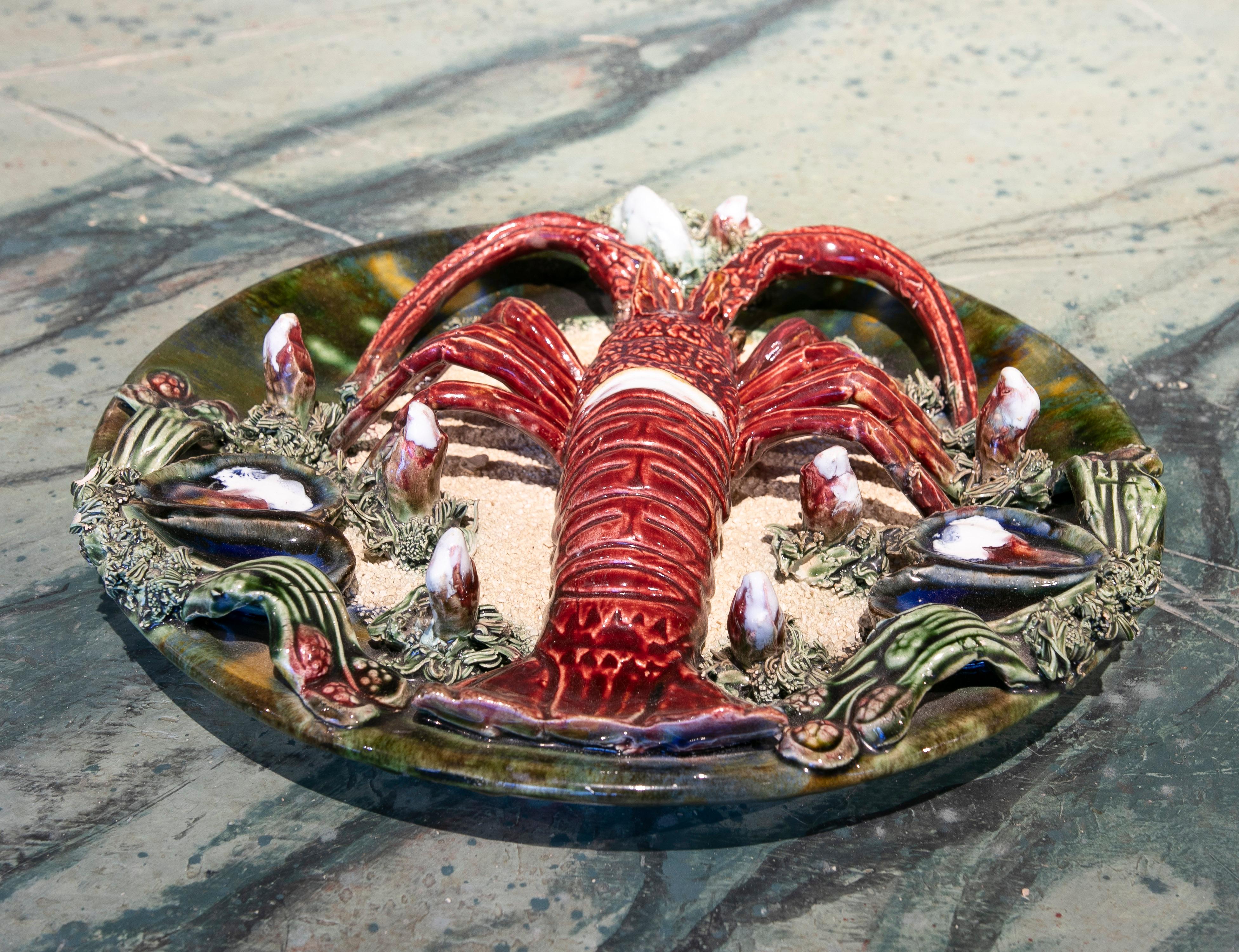 20th Century 1940s Portuguese Majolica Palissy Ware Lobster Wall Platter