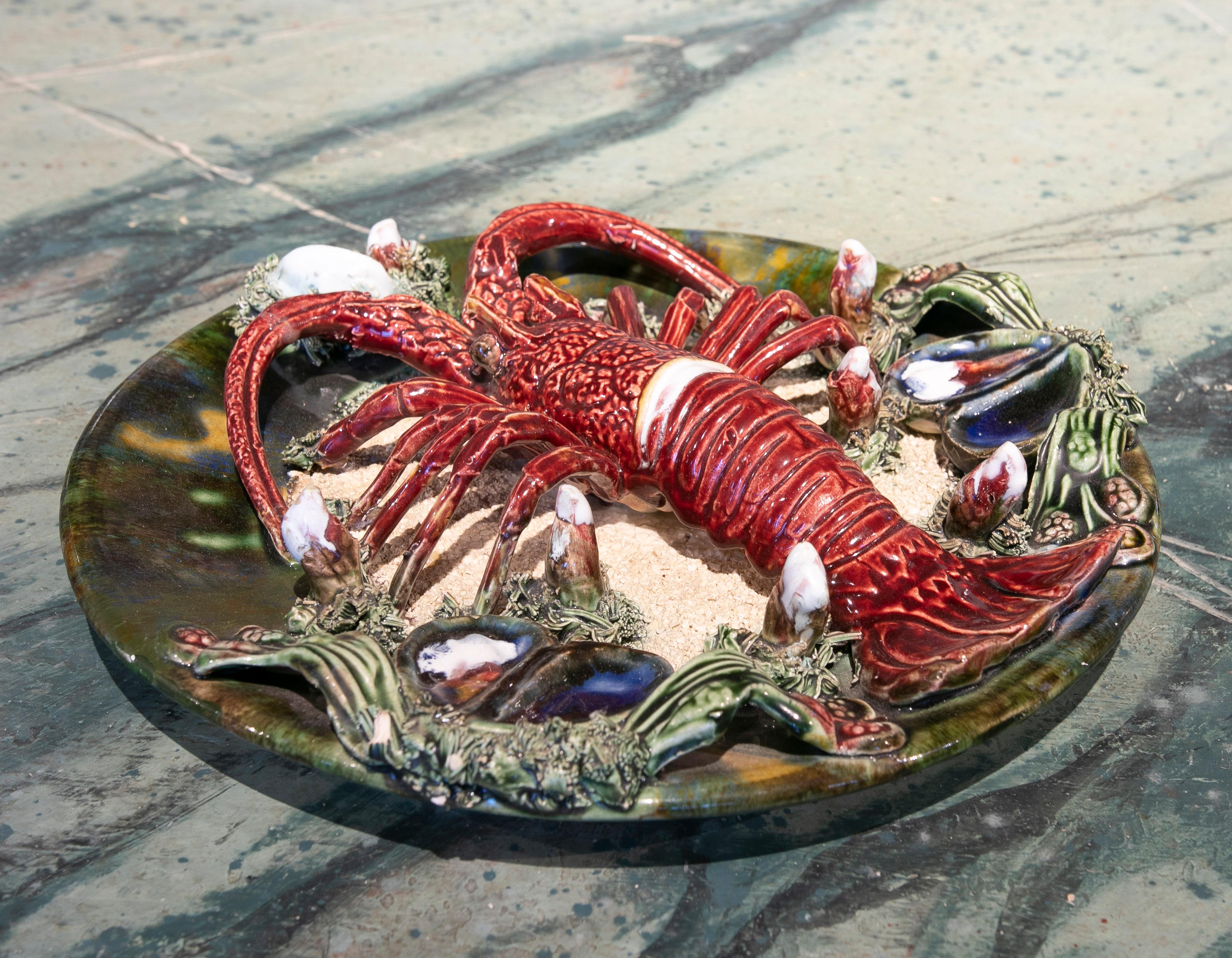 Ceramic 1940s Portuguese Majolica Palissy Ware Lobster Wall Platter
